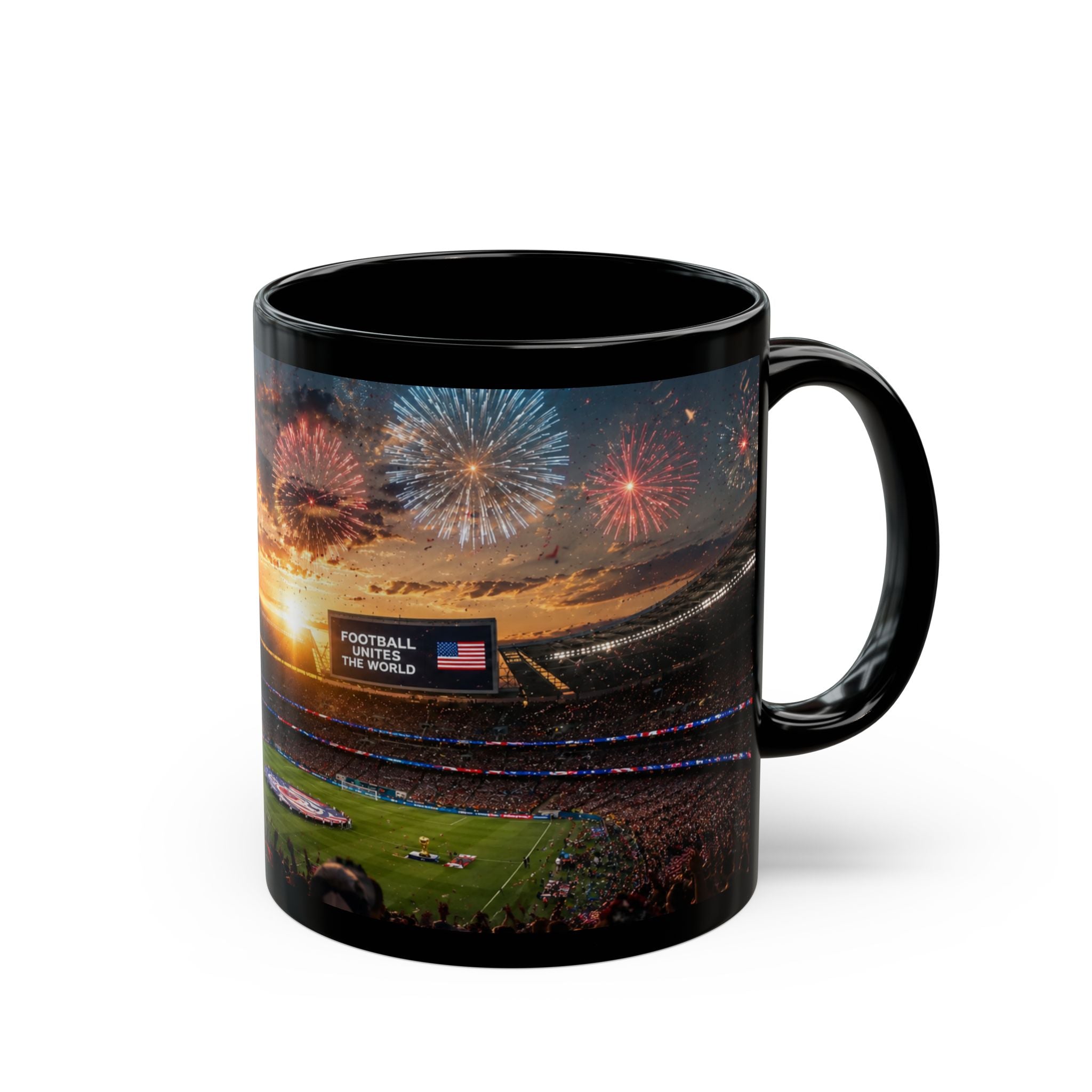 World Cup 2026 Patriotic Stadium Fireworks Black Mug — American Flag Football Game Coffee Cup (11oz/15oz)