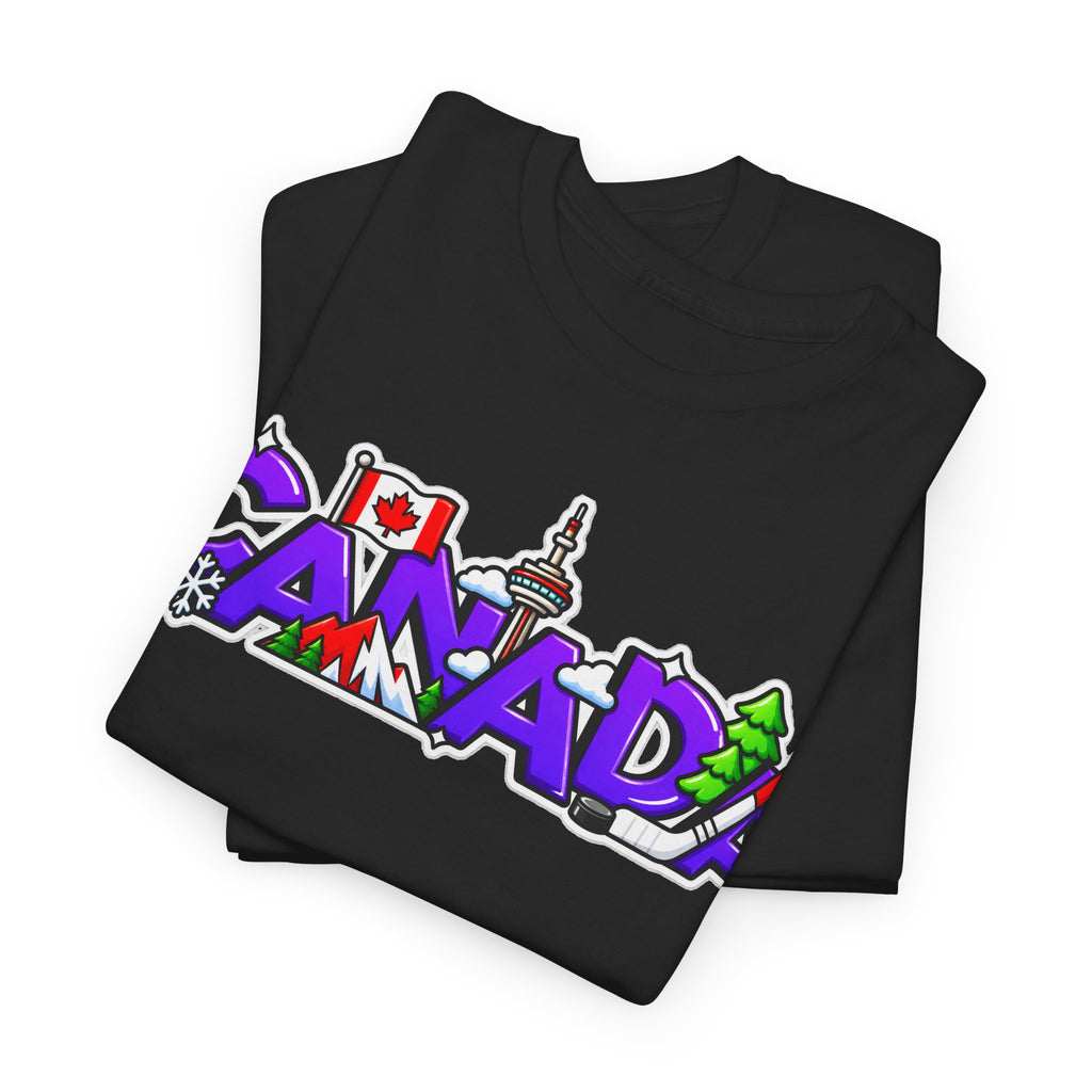 Canada Cartoon Graphic Tee — Canadian Landmark & Flag Travel T‑Shirt