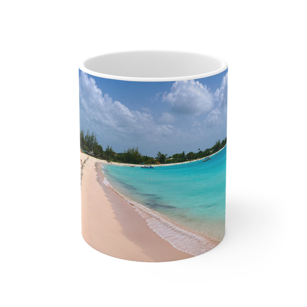 Barbados Beach Scene Coffee Mug — Tropical Pink Sand & Turquoise Water Ceramic Cup (11oz/15oz)