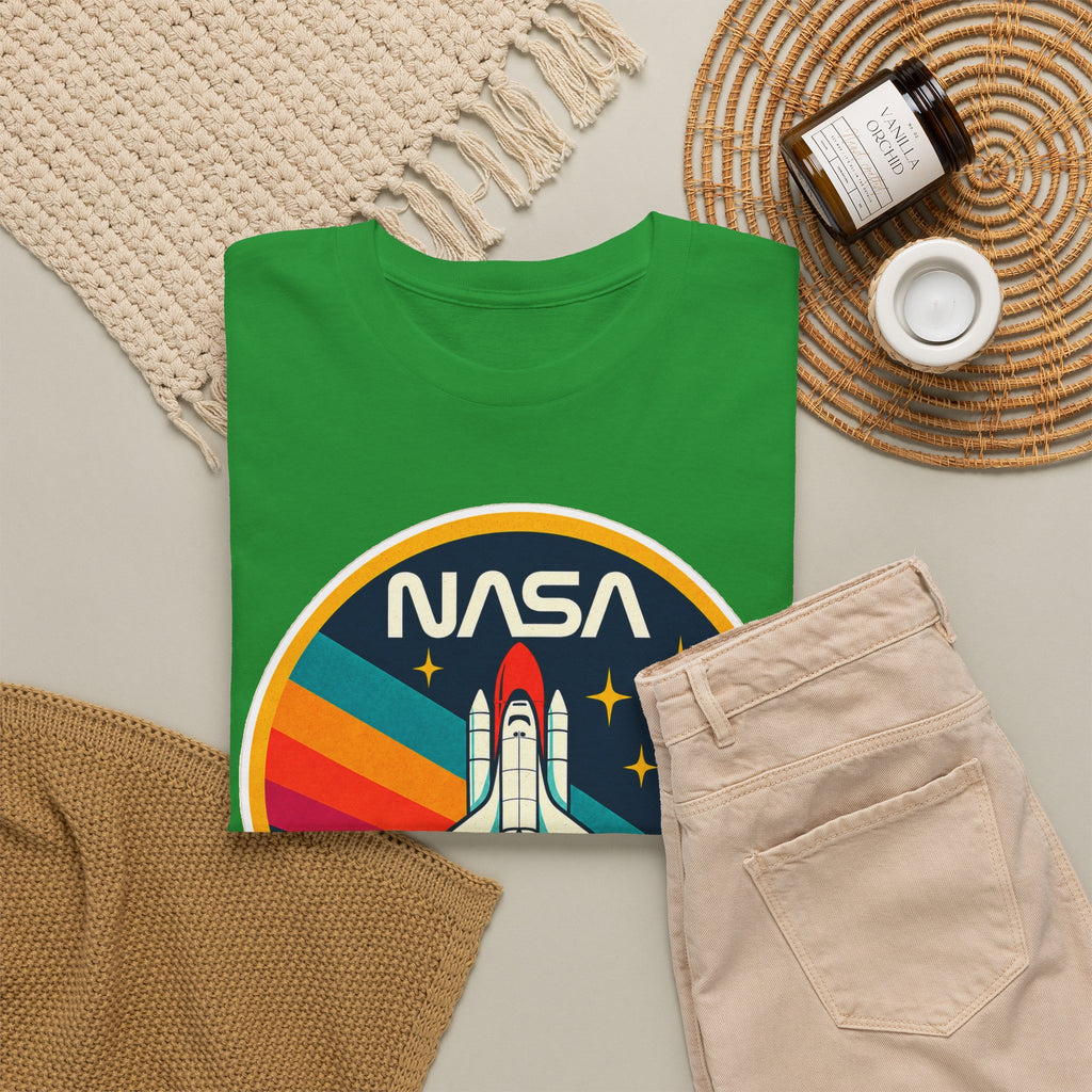 NASA Retro Rocket T‑Shirt — Vintage Space Shuttle Tee with Rainbow Trail