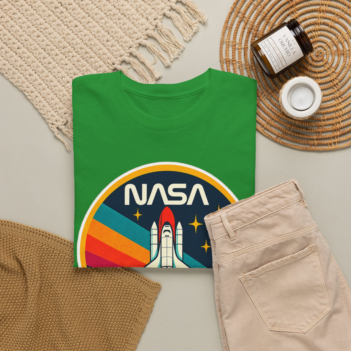 NASA Retro Rocket T‑Shirt — Vintage Space Shuttle Tee with Rainbow Trail