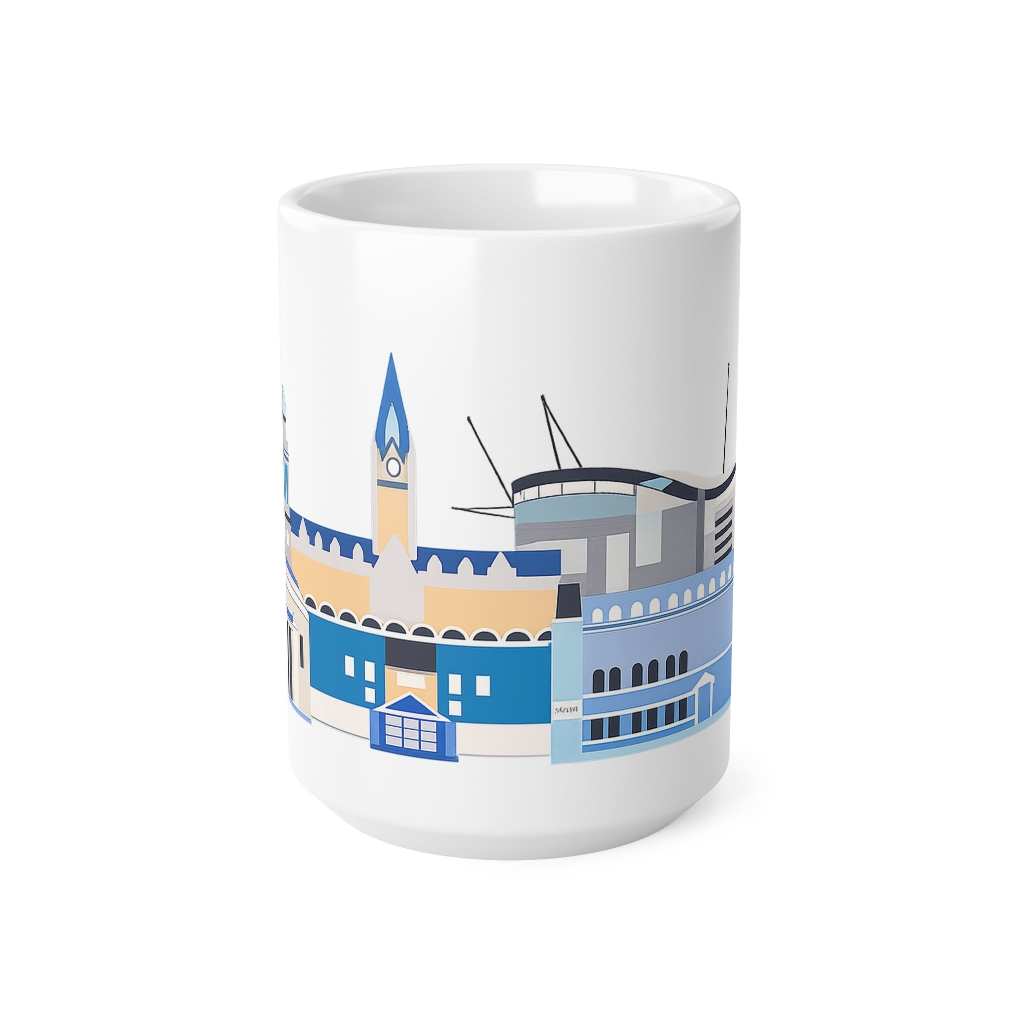Manchester City Skyline Ceramic Coffee Mug — Blue Landmark Panorama, 11oz & 15oz
