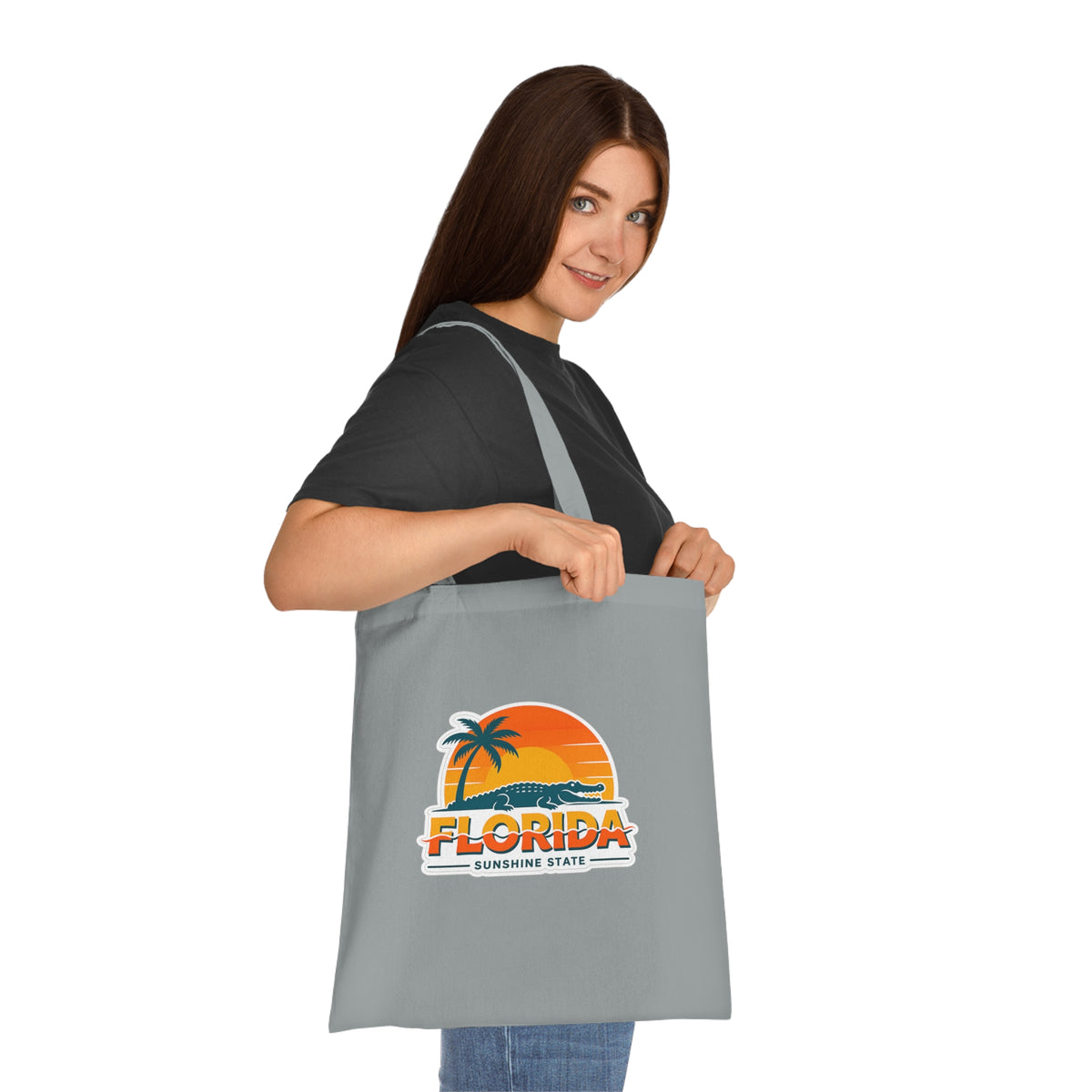 Florida Sunshine State Palm Tree Tote Bag — Retro Beach Sunset Cotton Tote
