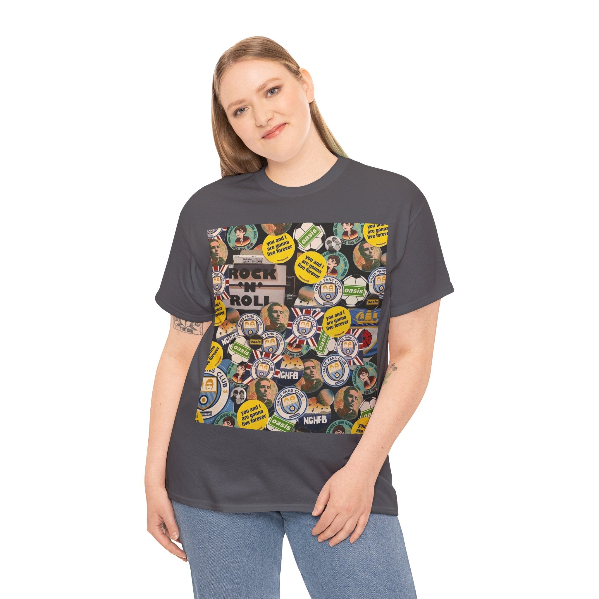Oasis Rock & Roll Retro Button Collage Tee