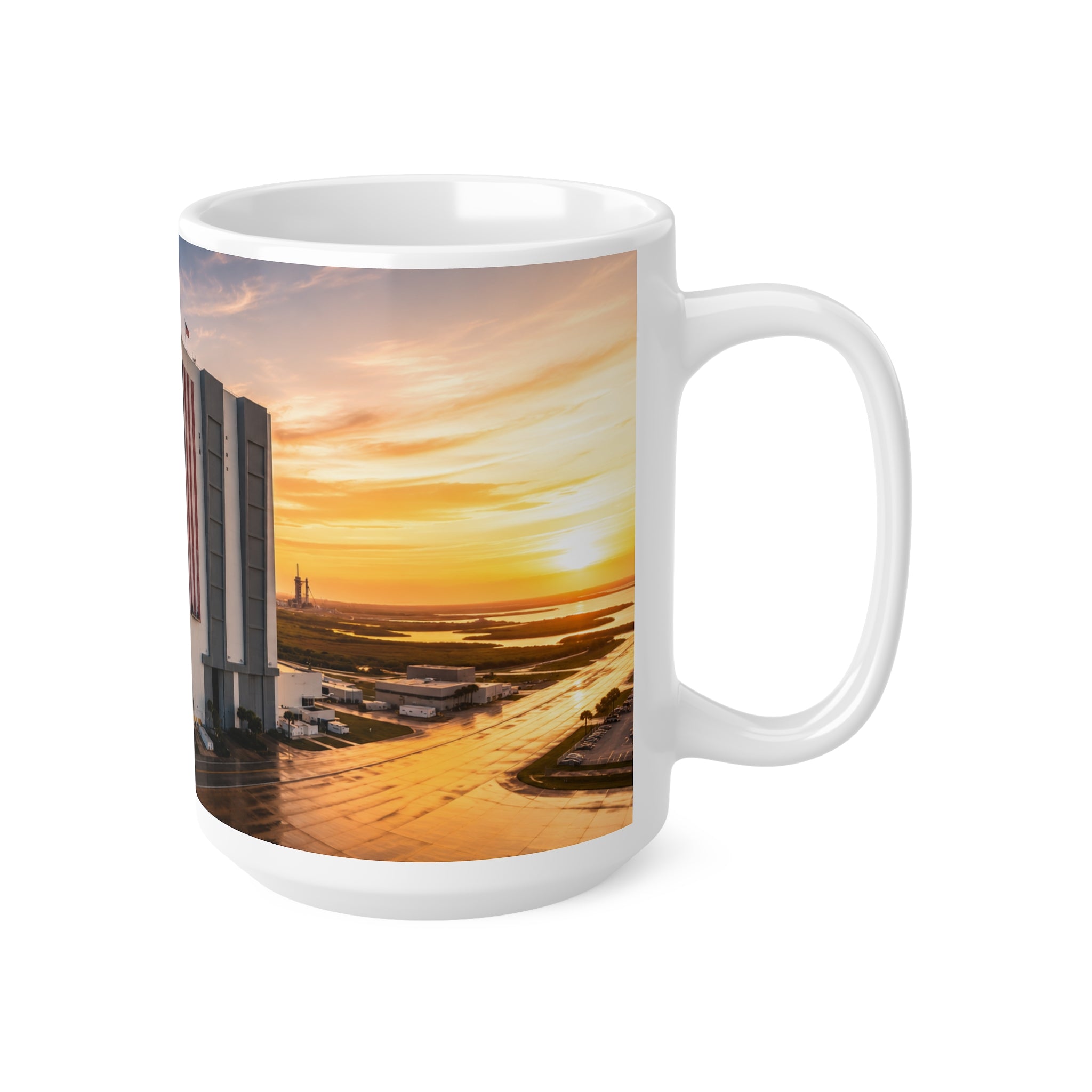 NASA Vehicle Assembly Building Sunrise Photo Mug — American Flag Ceramic Coffee Cup (11oz & 15oz)