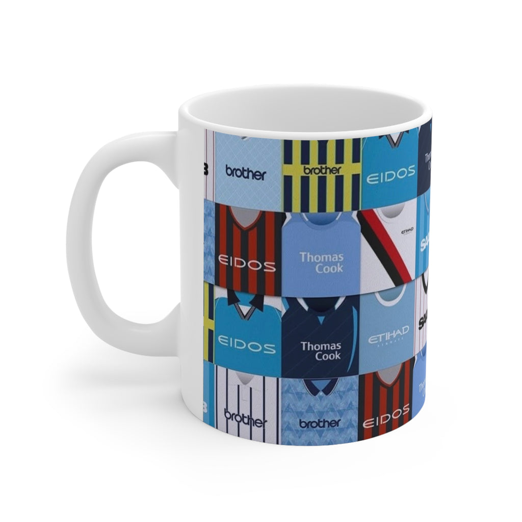 Manchester City Retro Football Kit Collage Mug — Vintage Soccer Jersey Pattern Coffee Cup (11oz & 15oz)