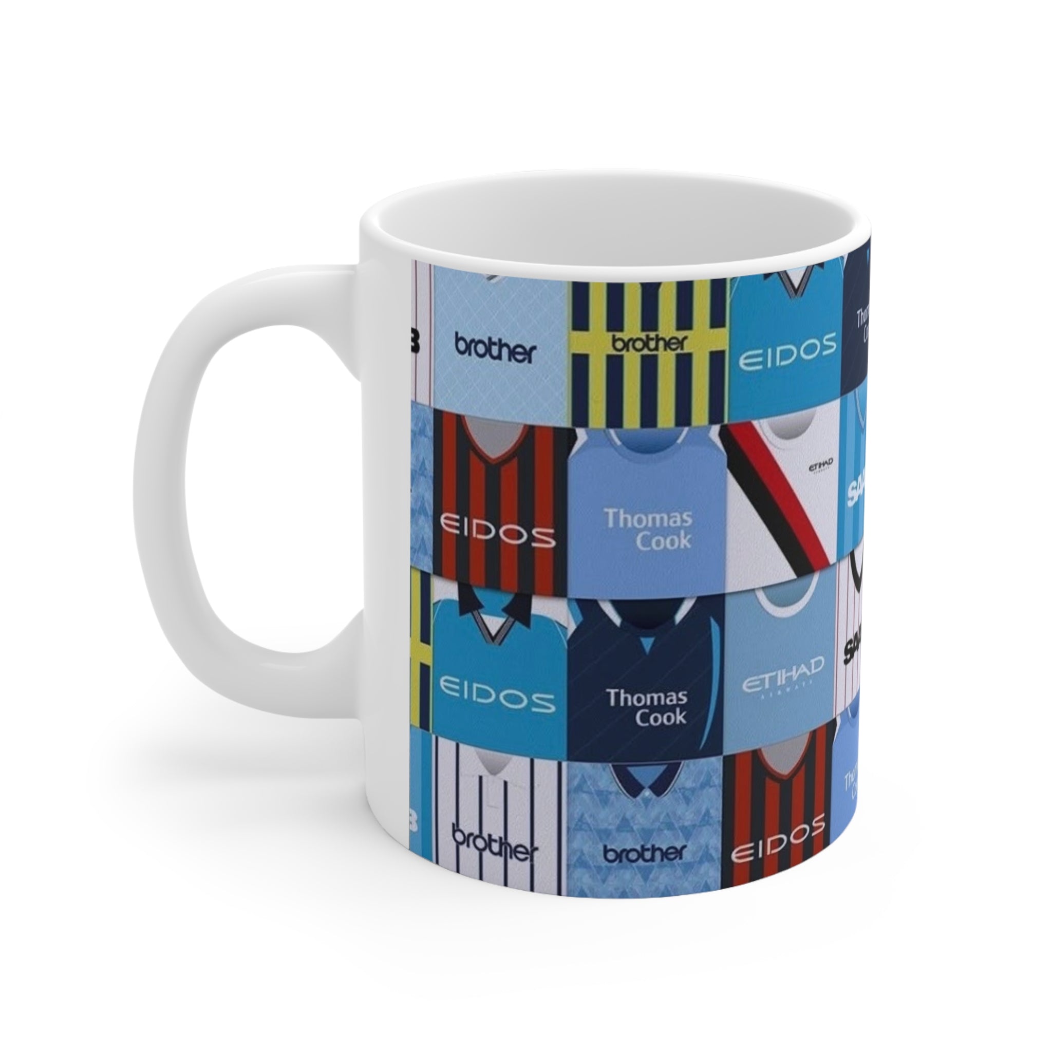 Manchester City Retro Football Kit Collage Mug — Vintage Soccer Jersey Pattern Coffee Cup (11oz & 15oz)