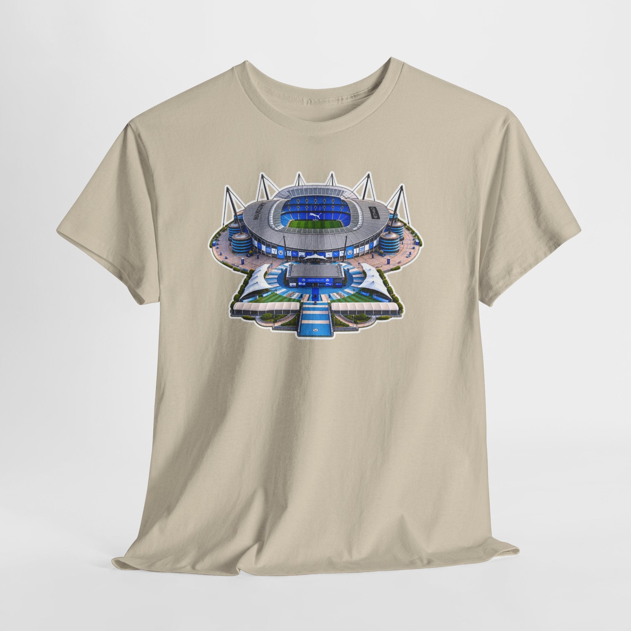 Manchester City Etihad Stadium Illustration T-Shirt — Retro Soccer Arena Graphic Tee