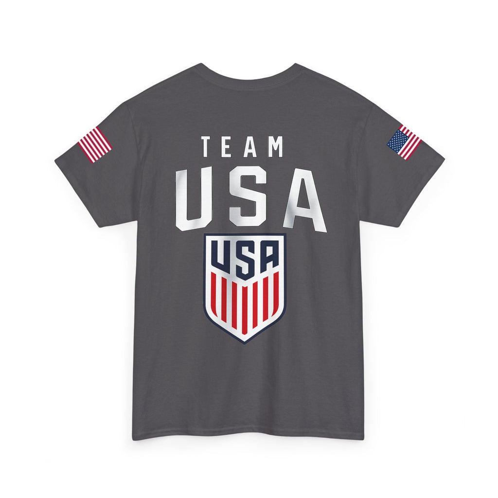 Team USA Flag T‑Shirt — Patriotic Navy Tee with Back Shield Logo