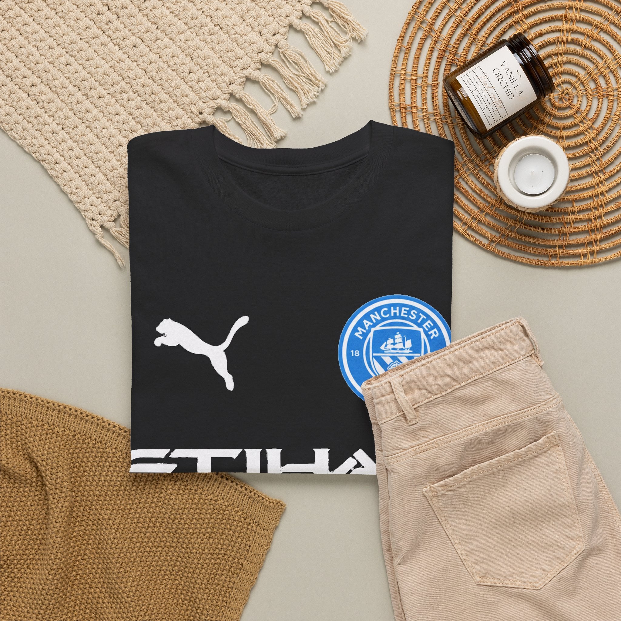 Man City Inspired Etihad Airways Logo Tee - Black Puma Style Football Shirt