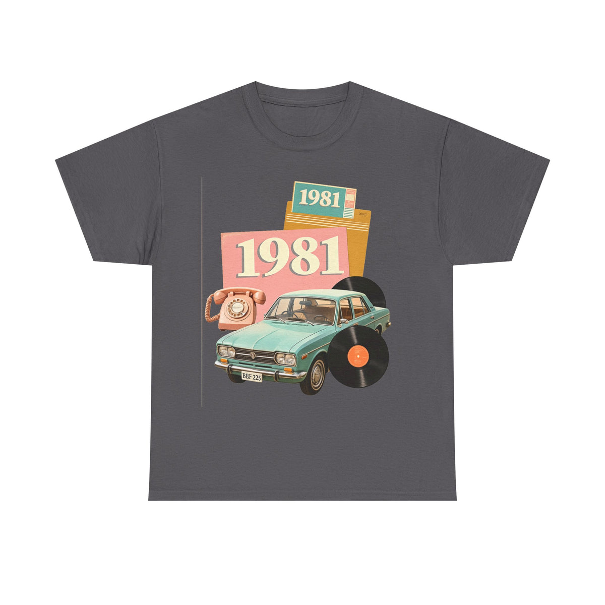 1981 Retro Car Tee — Vintage 80s Birthday T-Shirt with Record & Telephone Design