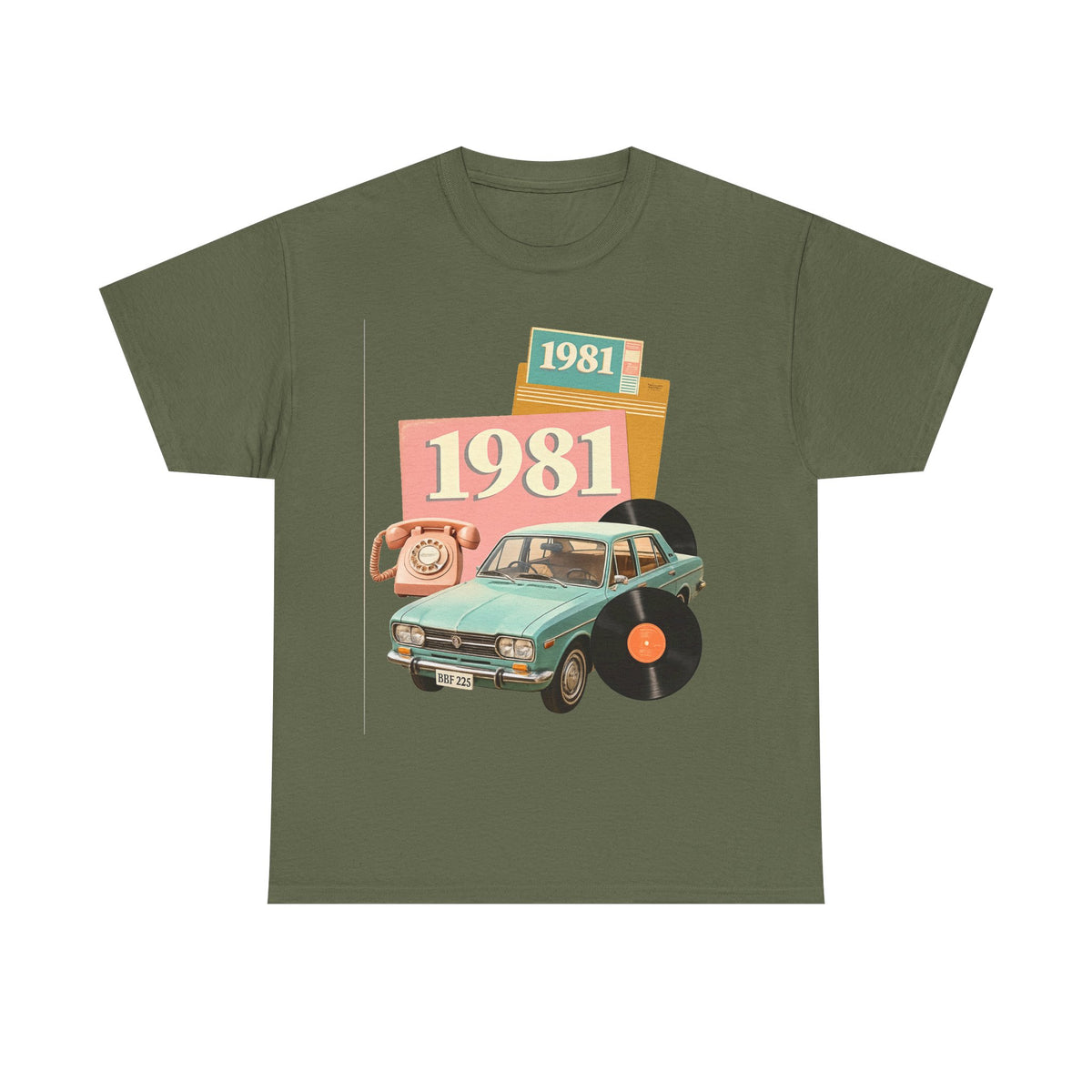 1981 Retro Car Tee — Vintage 80s Birthday T-Shirt with Record & Telephone Design