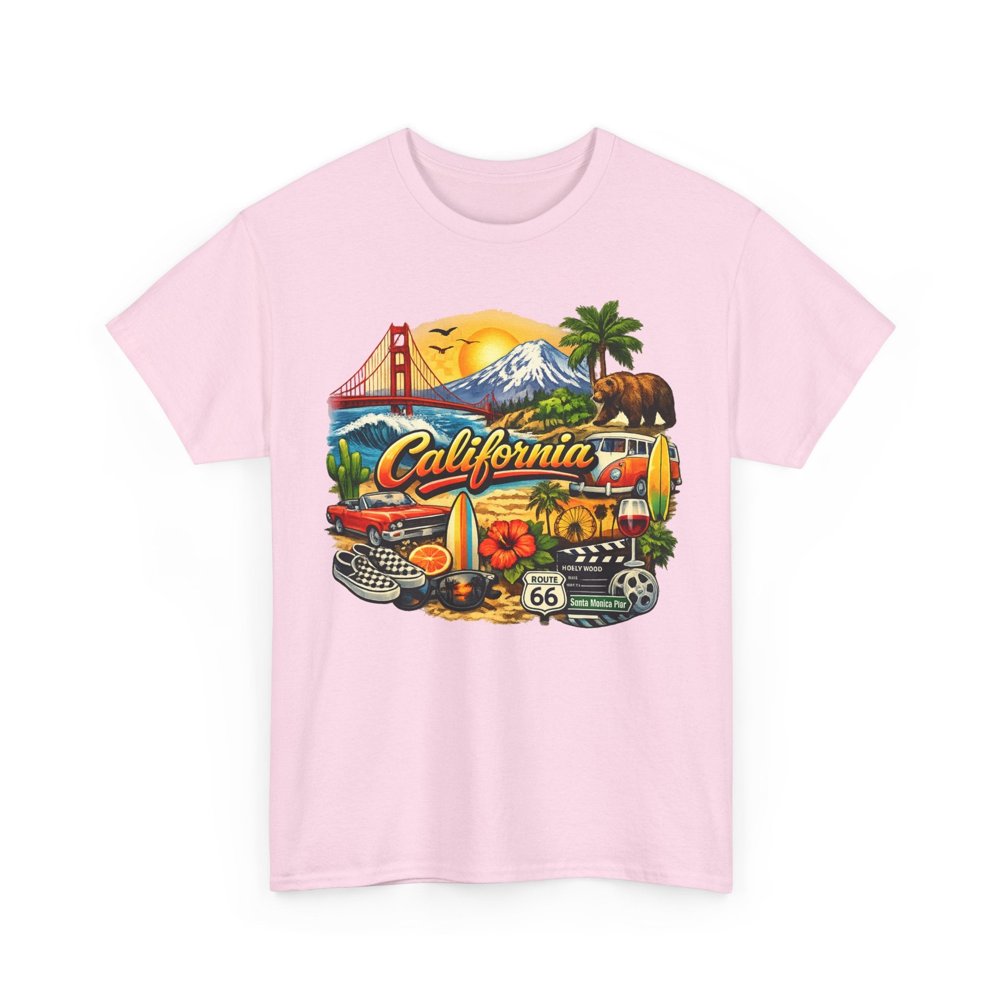 California Vintage Travel T-Shirt — Golden Gate, Palm Trees & Route 66 Tee