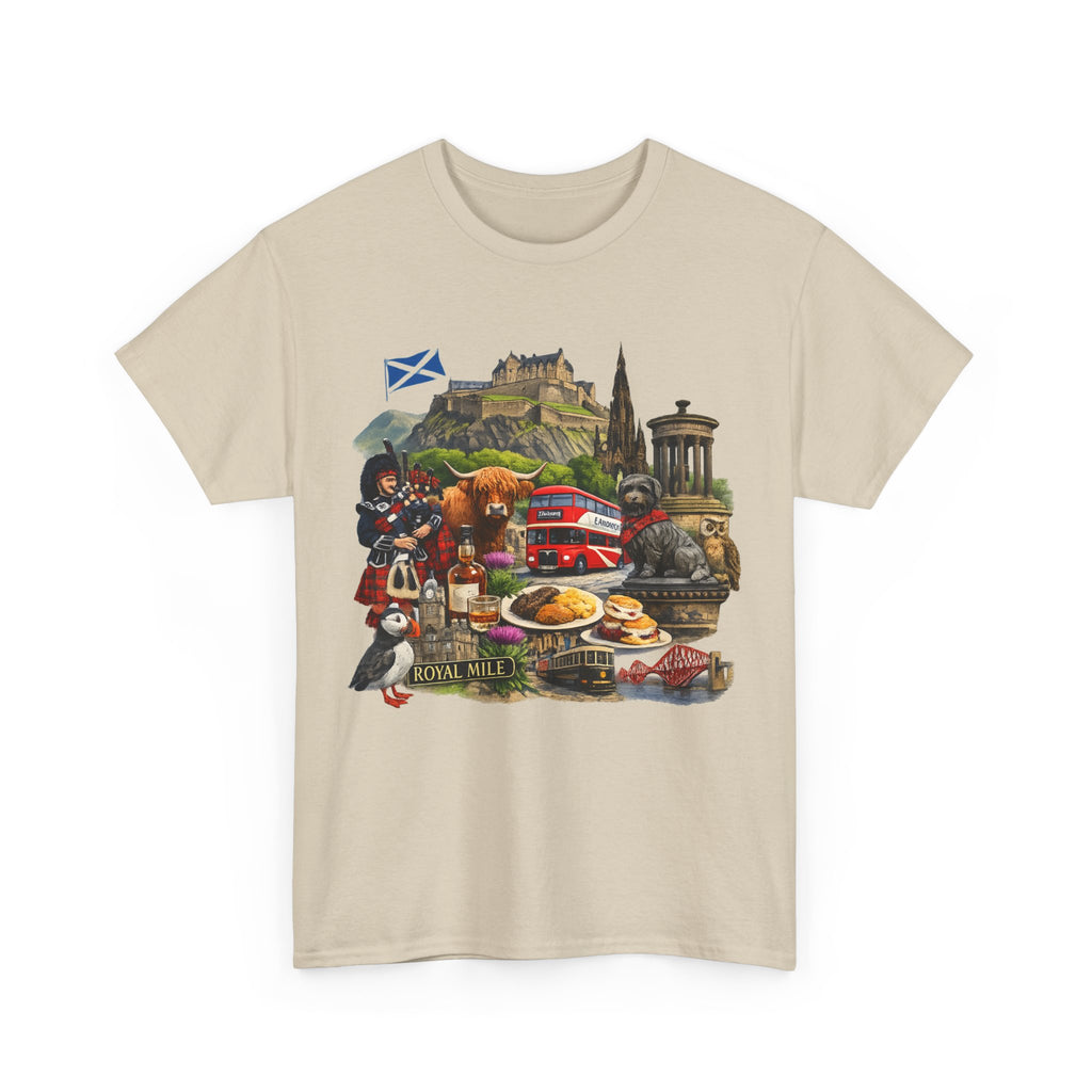 Scotland / Edinburgh Travel Collage T-Shirt — Edinburgh Castle, Bagpipes & Local Icons