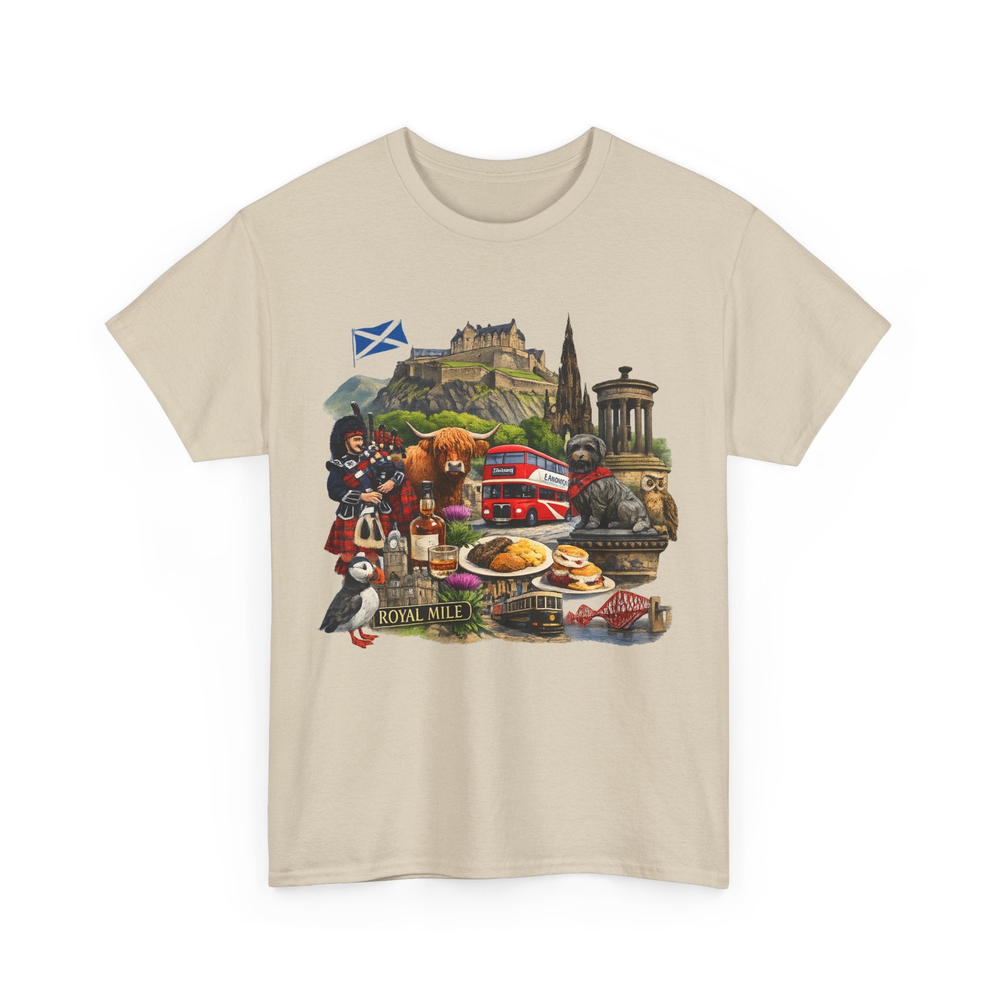 Scotland / Edinburgh Travel Collage T-Shirt — Edinburgh Castle, Bagpipes & Local Icons