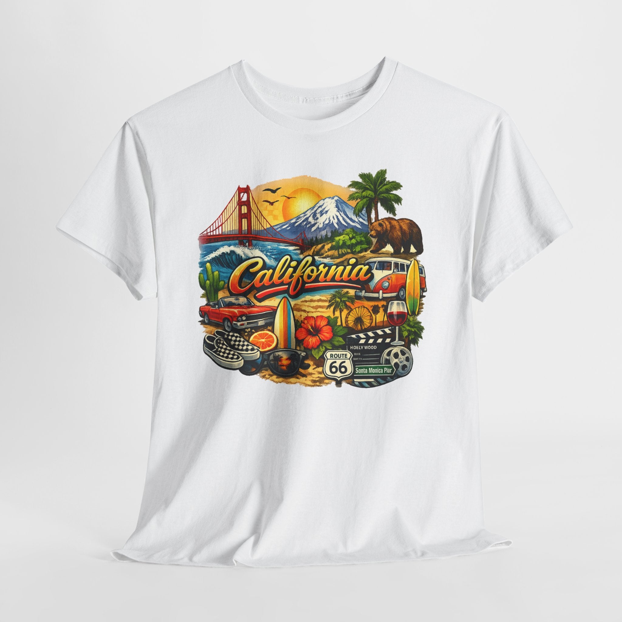 California Vintage Travel T-Shirt — Golden Gate, Palm Trees & Route 66 Tee
