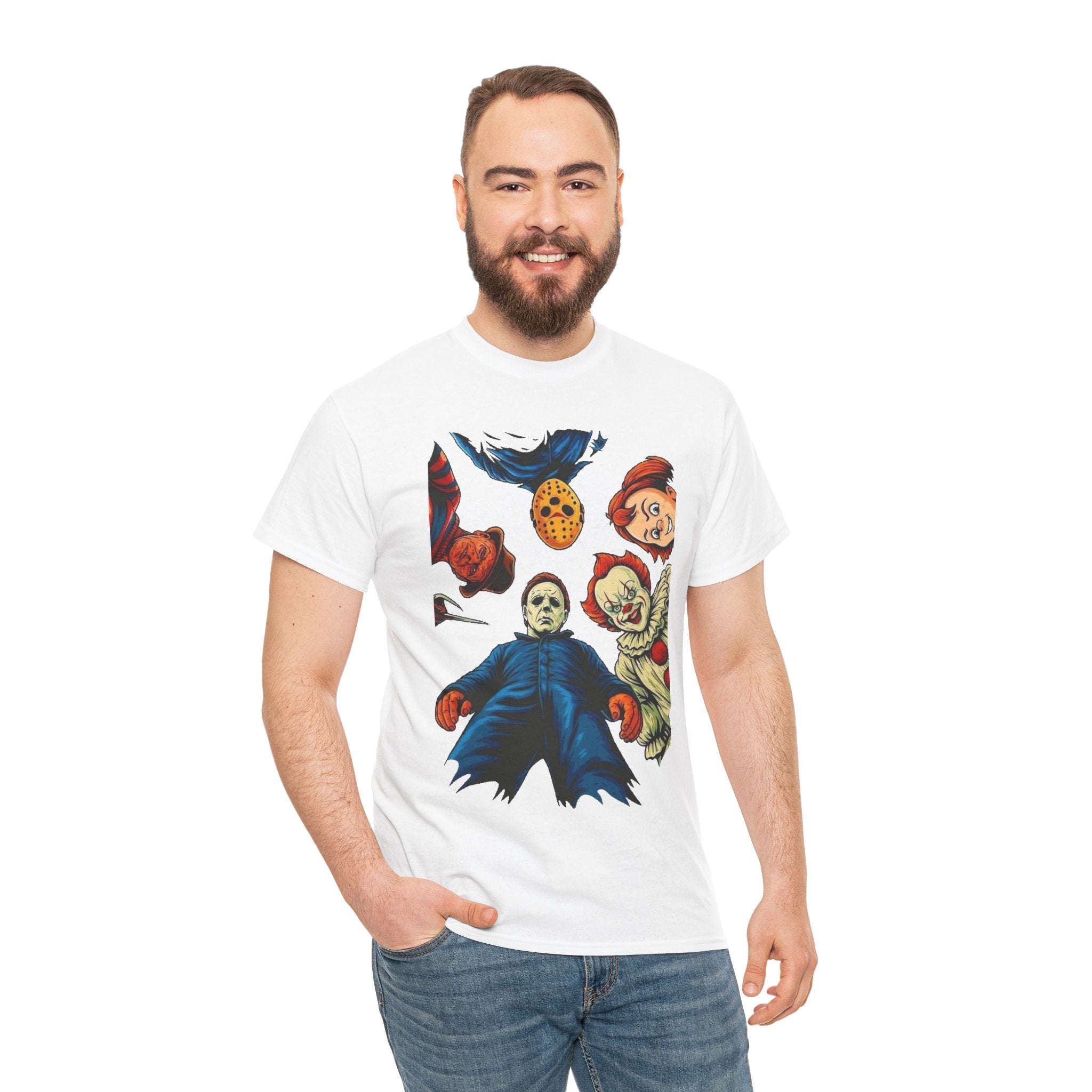 Horror Movie Icons Graphic Tee — Michael Myers, Jason & Classic Clowns Halloween T-Shirt