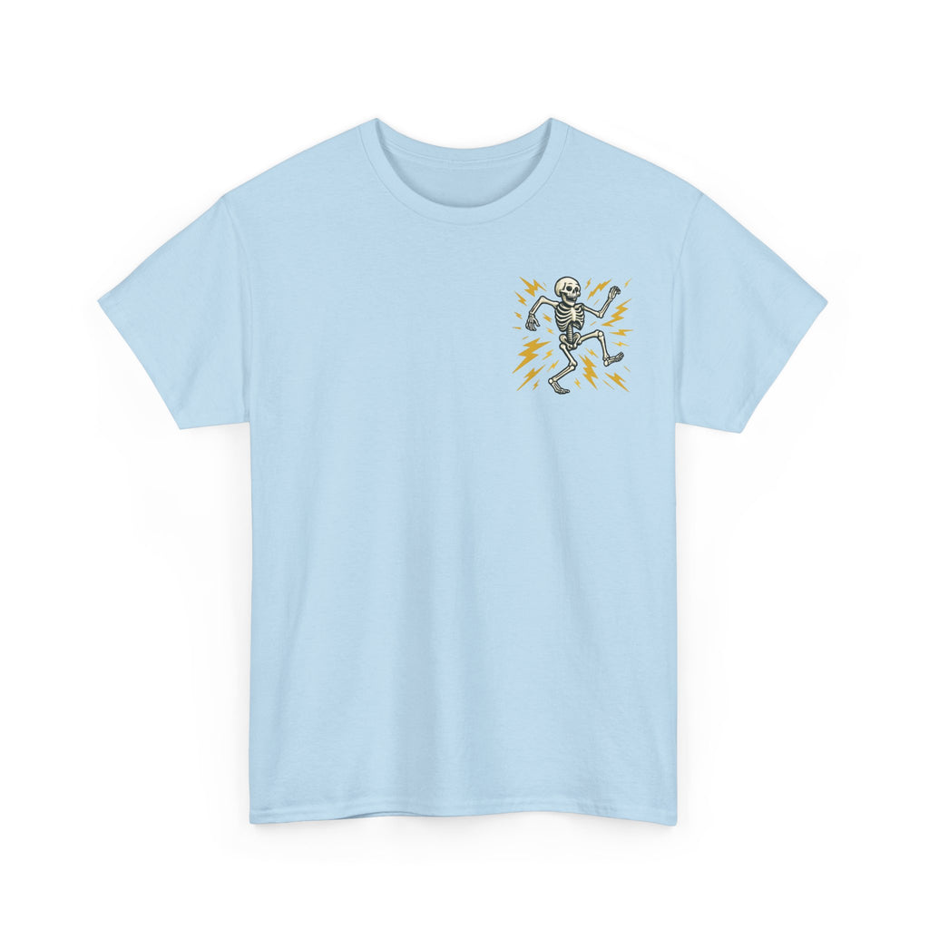 Electrician Skeleton Tee — "I'm an Electrician: If I Dance Without Music, Shut the Main Breaker Off"