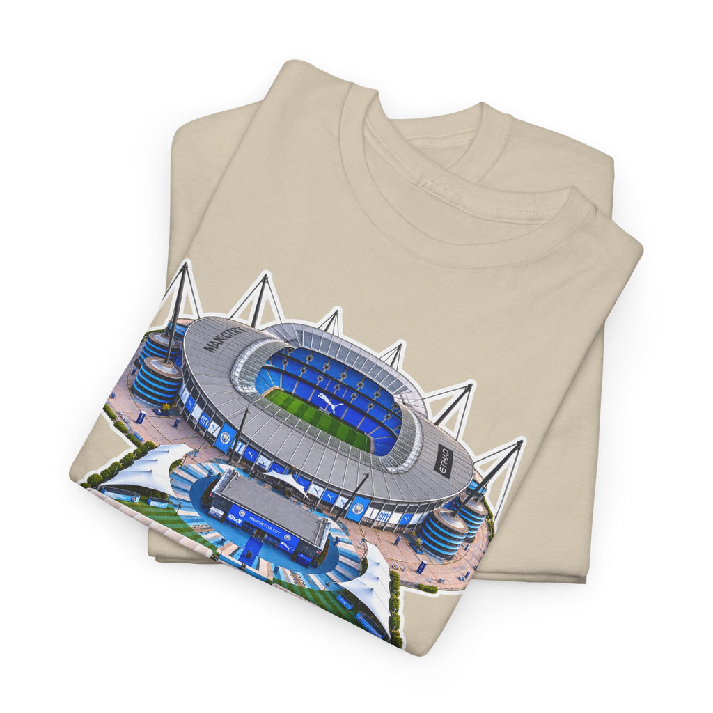 Manchester City Etihad Stadium Illustration T-Shirt — Retro Soccer Arena Graphic Tee