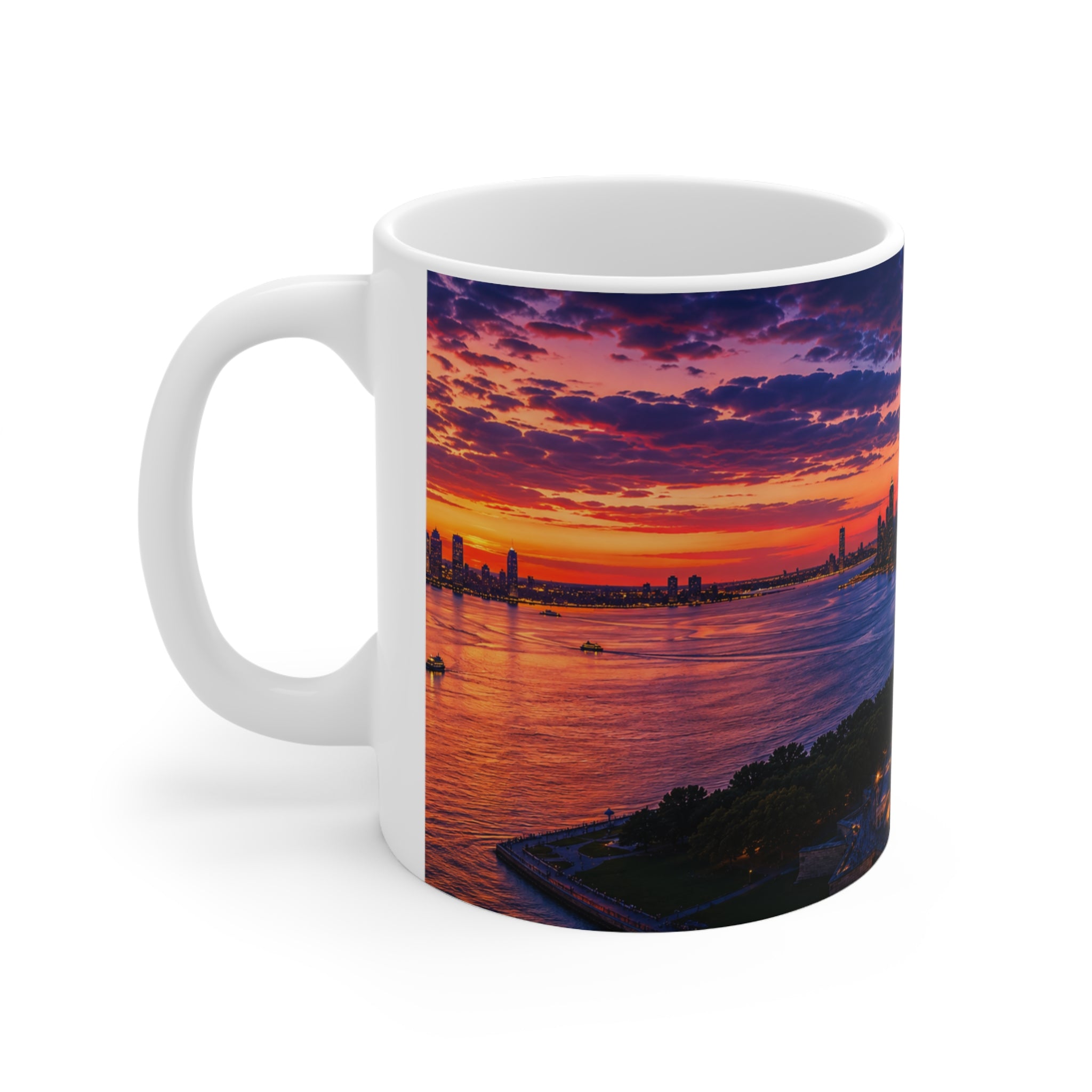New York Sunset Ceramic Mug — Statue of Liberty Skyline 11oz & 15oz
