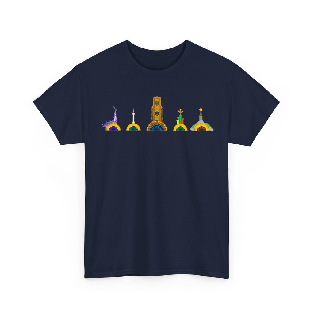 Epic Universe Portals Cotton T‑Shirt — Colorful Landmark Ring Icons Tee