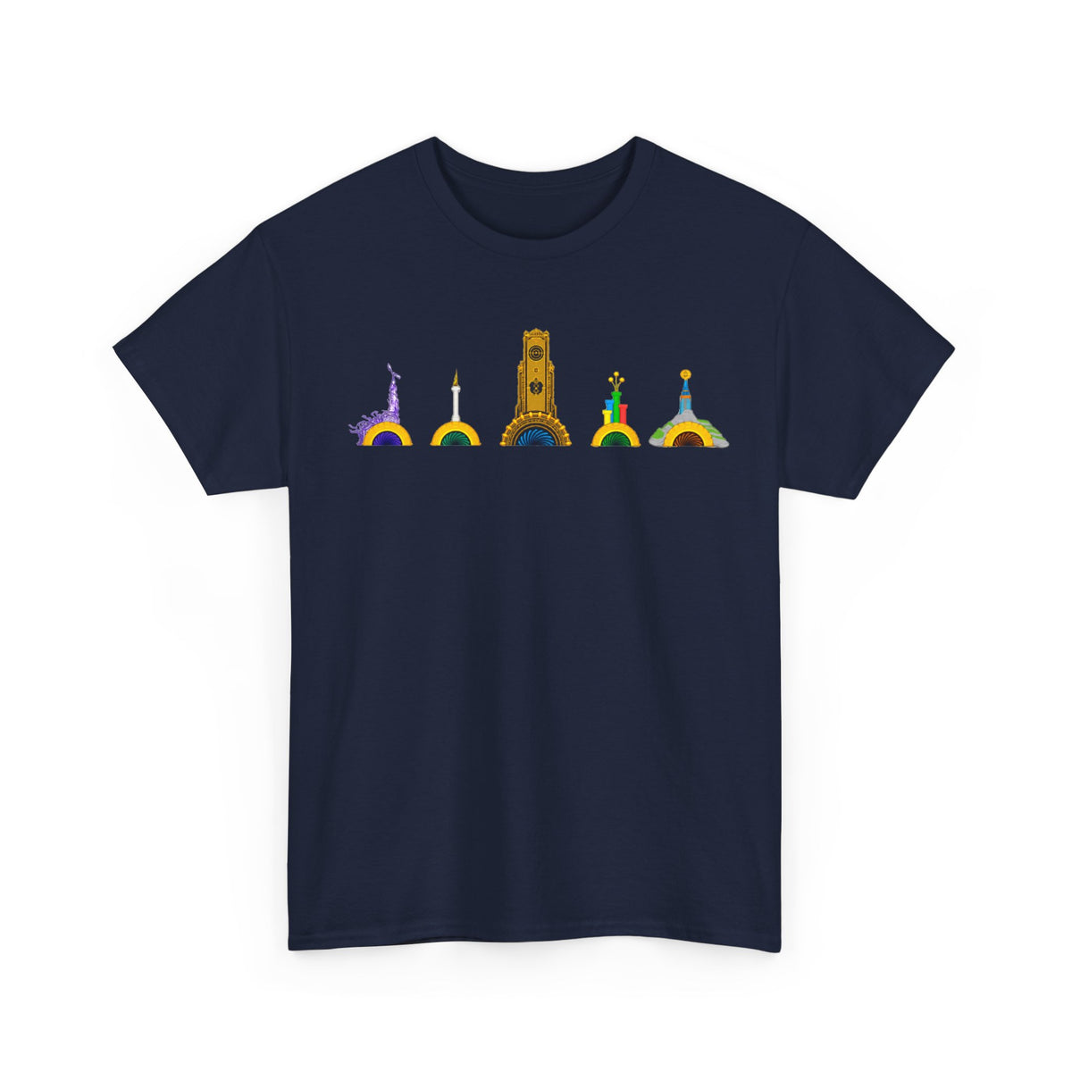 Epic Universe Portals Cotton T‑Shirt — Colorful Landmark Ring Icons Tee
