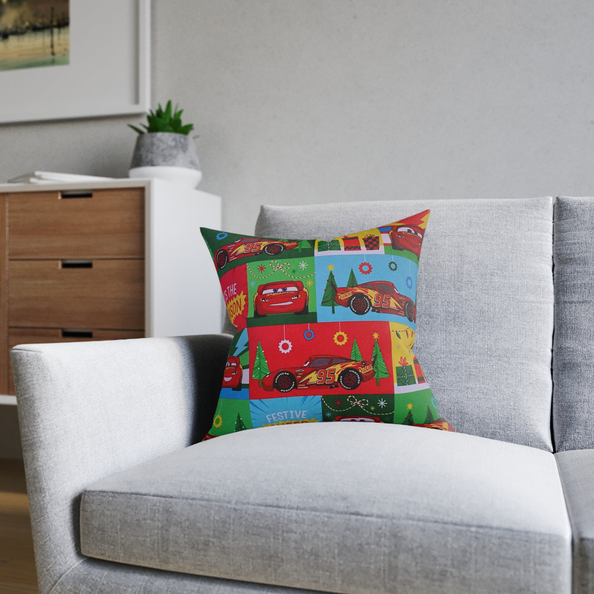 Cars Lightning McQueen Holiday Throw Pillow — Festive Kids Christmas Decor
