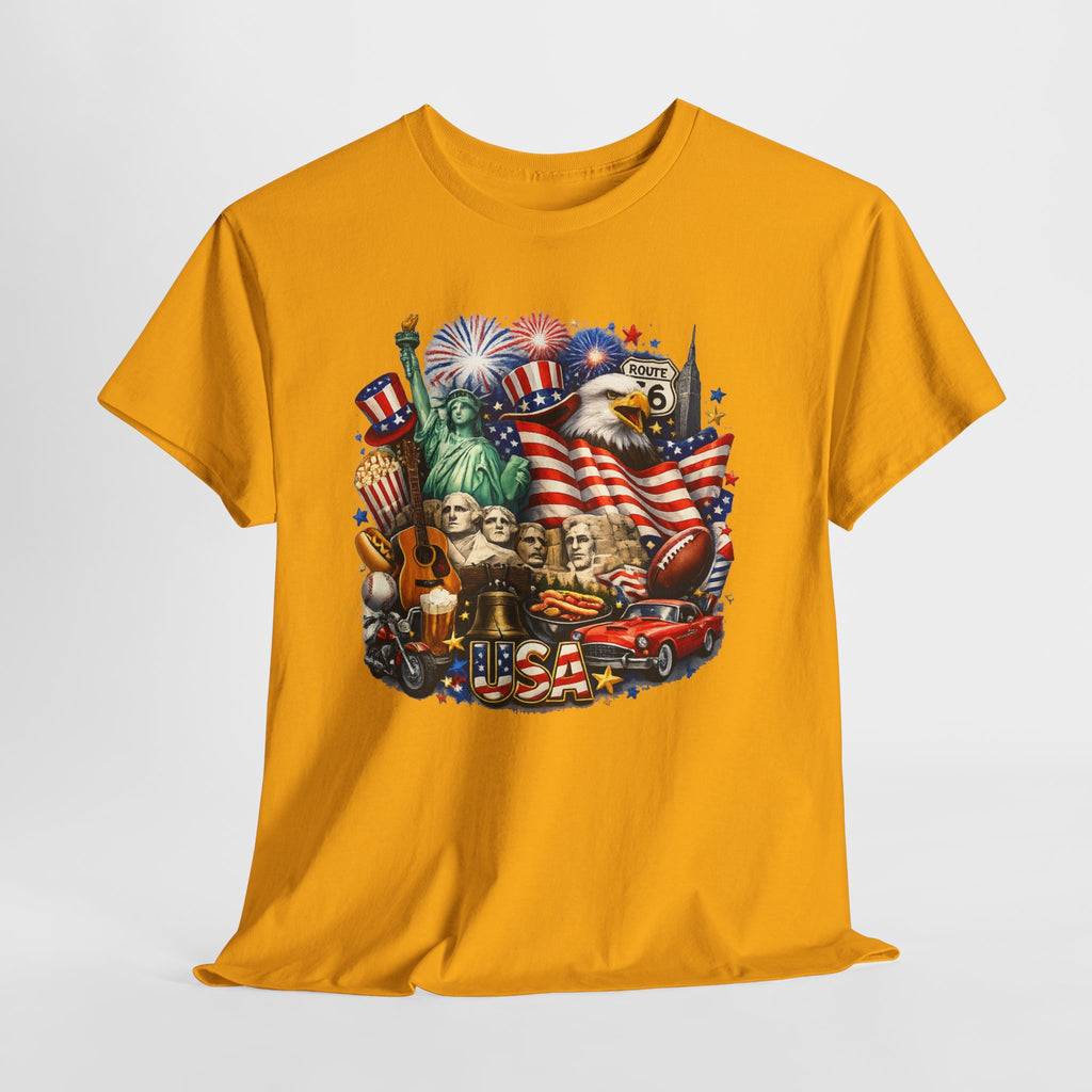 Patriotic USA Graphic Tee – American Flag, Statue of Liberty & Fireworks T-Shirt