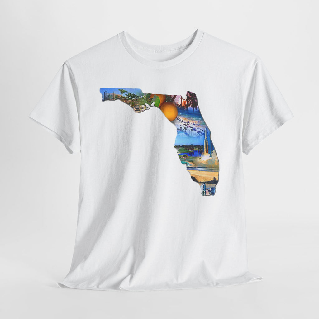 Florida State Shape T-Shirt — Scenic Beach & Sunset Map Tee