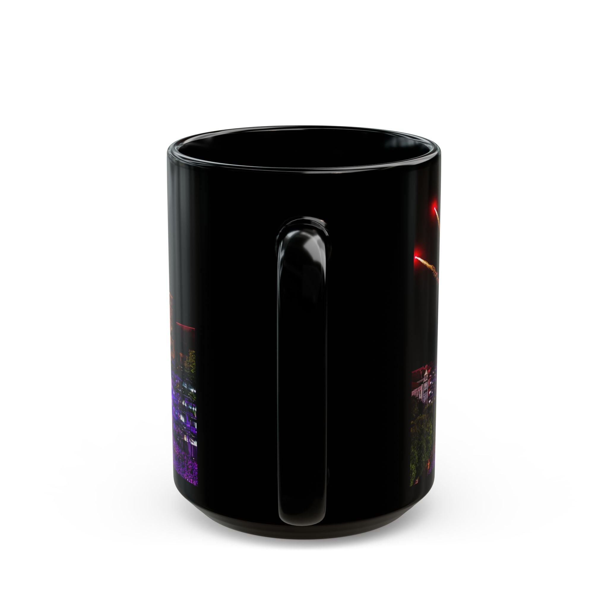 Andre Rieu Fireworks Night Skyline Black Coffee Mug — Colorful Cityscape 11oz/15oz