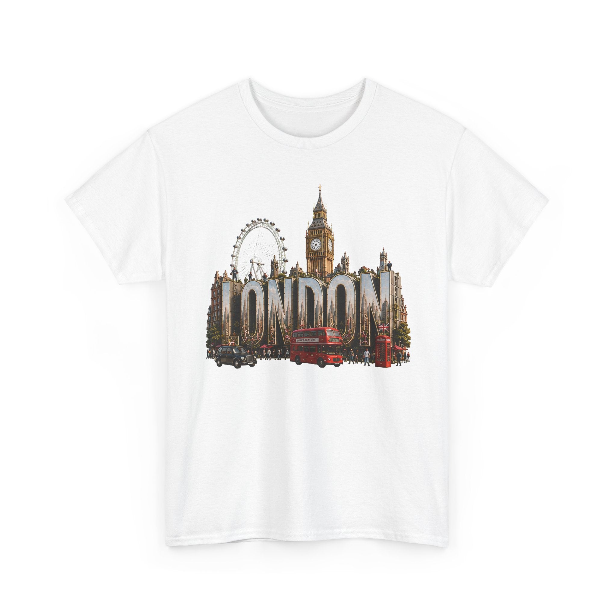 London Skyline T-Shirt — London Text with Big Ben & London Eye Graphic