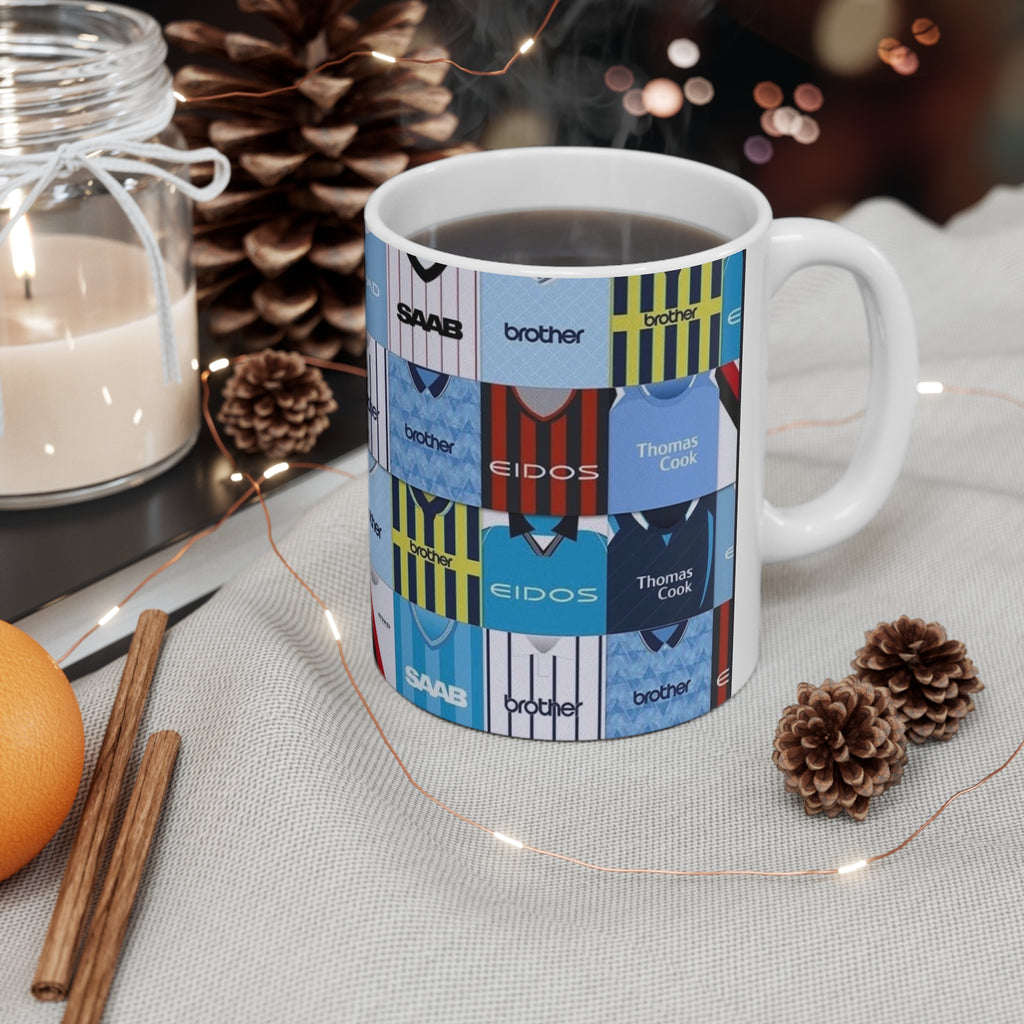 Manchester City Retro Football Kit Collage Mug — Vintage Soccer Jersey Pattern Coffee Cup (11oz & 15oz)