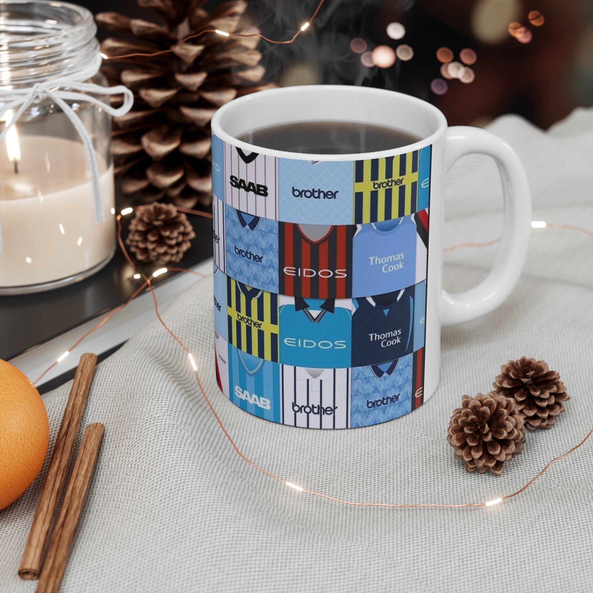 Manchester City Retro Football Kit Collage Mug — Vintage Soccer Jersey Pattern Coffee Cup (11oz & 15oz)