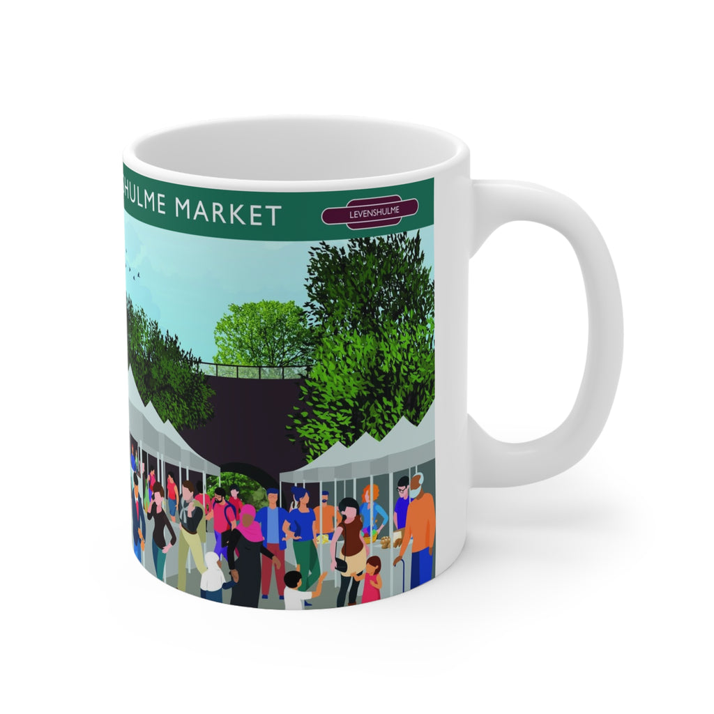 Levenshulme Market Ceramic Coffee Mug – 11oz & 15oz Illustrated Market Scene