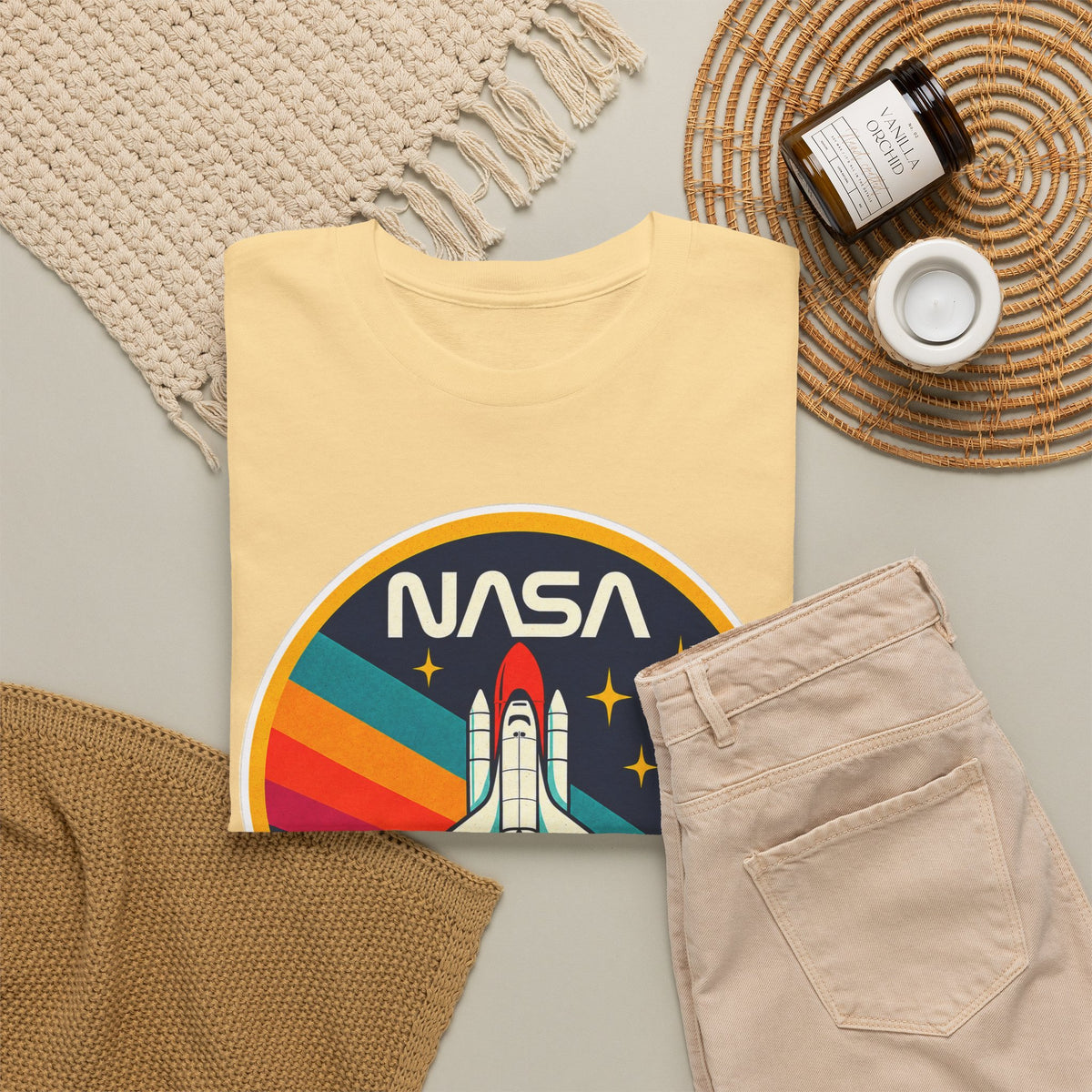 NASA Retro Rocket T‑Shirt — Vintage Space Shuttle Tee with Rainbow Trail