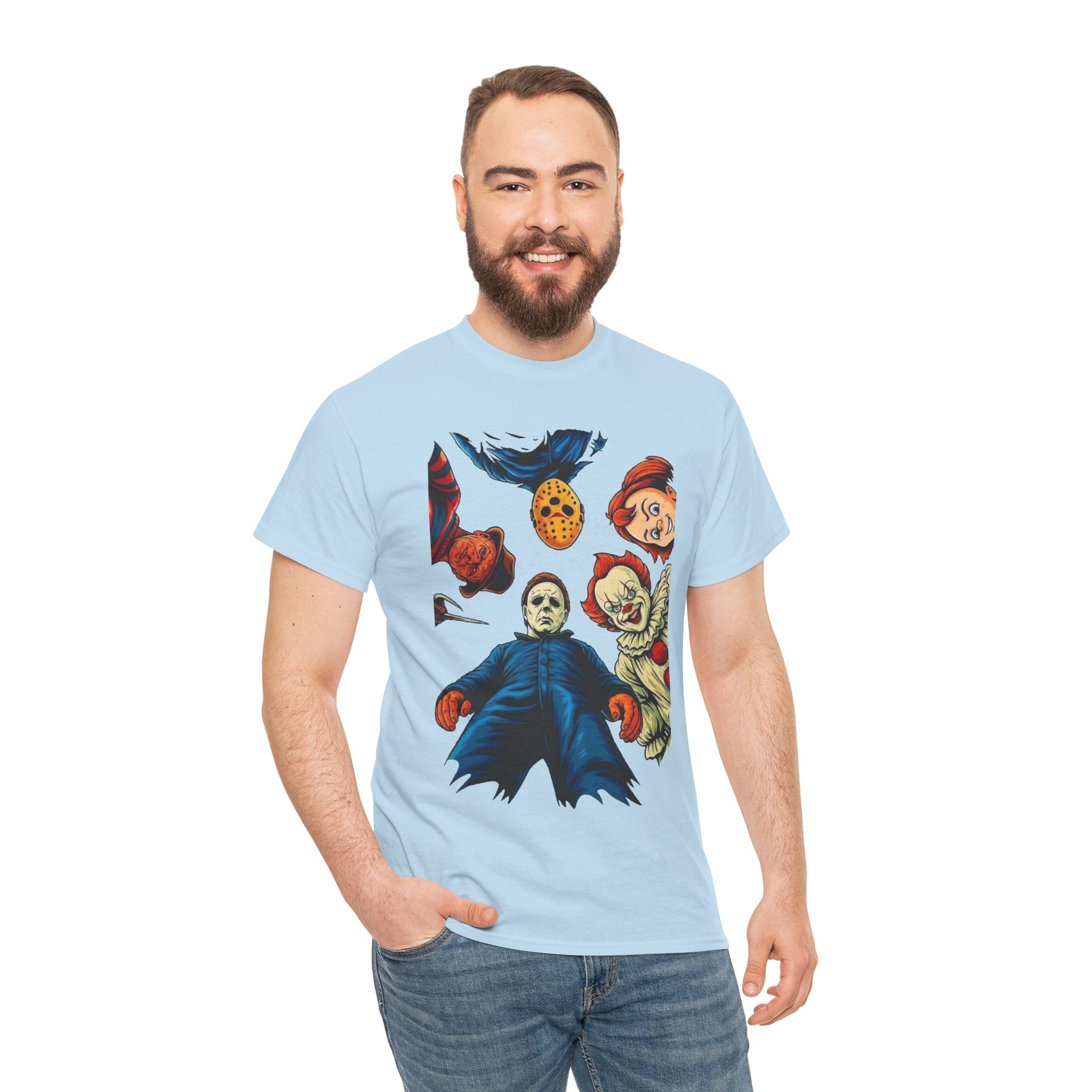 Horror Movie Icons Graphic Tee — Michael Myers, Jason & Classic Clowns Halloween T-Shirt