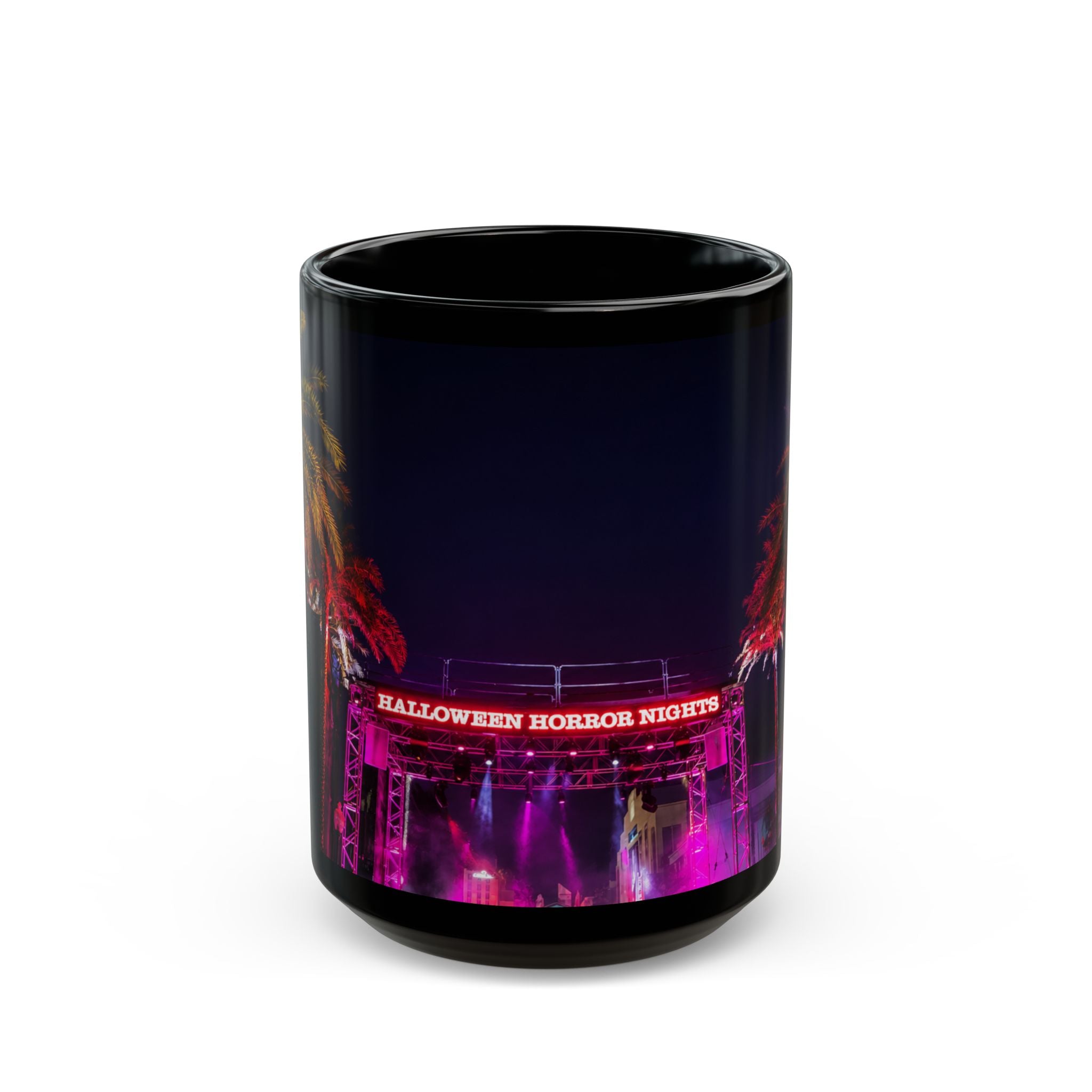 Halloween Horror Nights Black Mug — Neon Palm Nightscape (11oz/15oz)