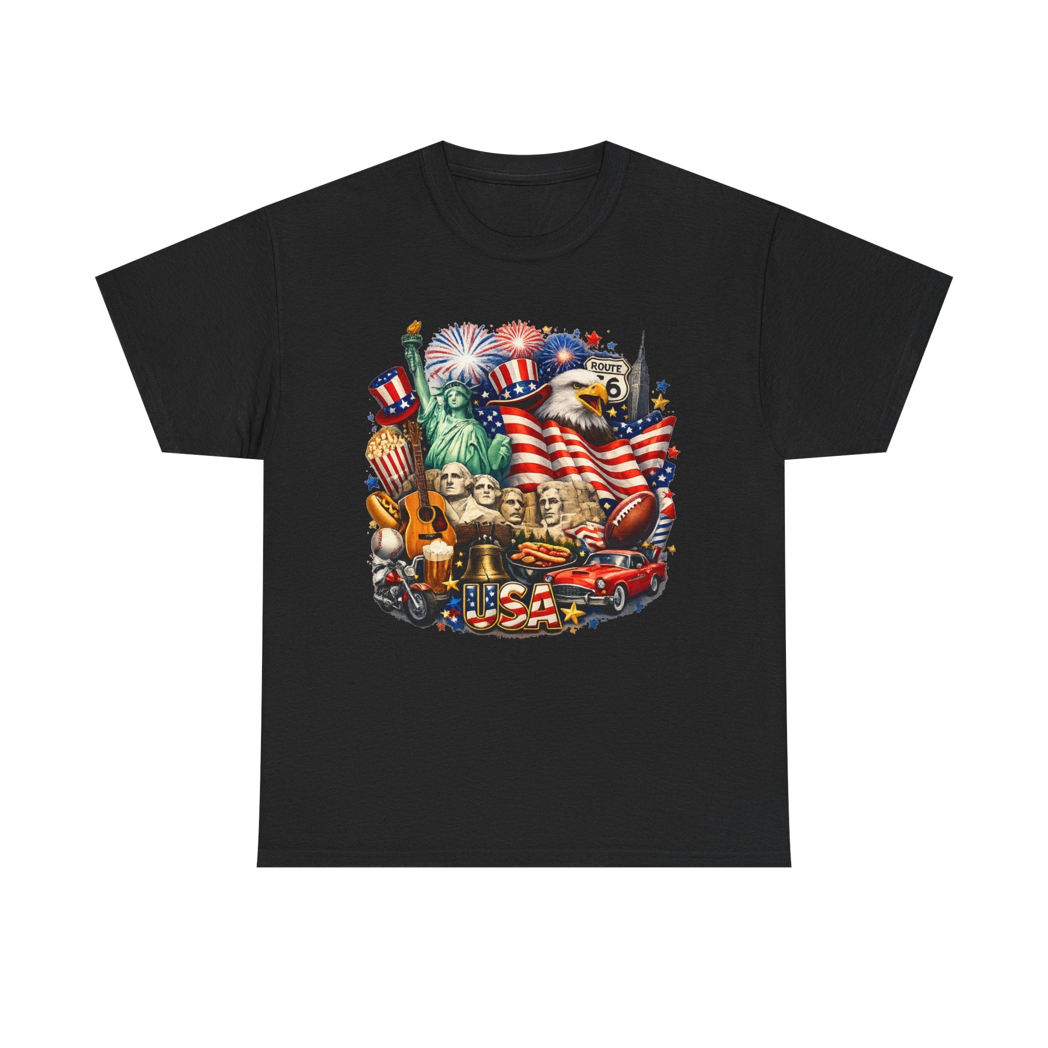 Patriotic USA Graphic Tee – American Flag, Statue of Liberty & Fireworks T-Shirt