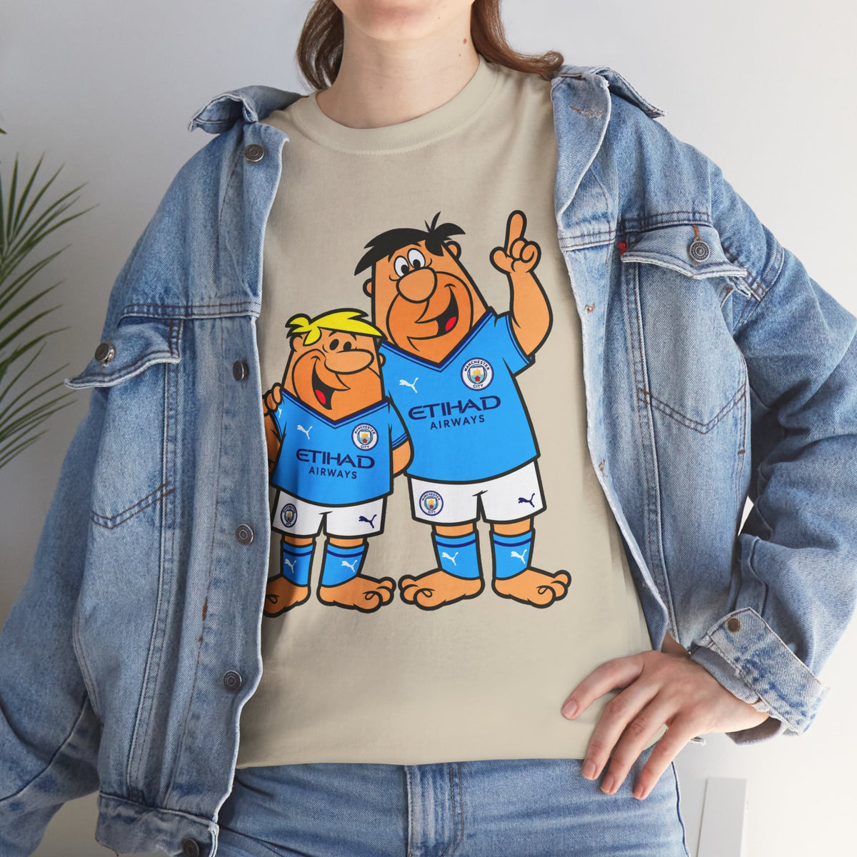 Manchester City The Flintstones Etihad Airways Cartoon Cotton T-Shirt