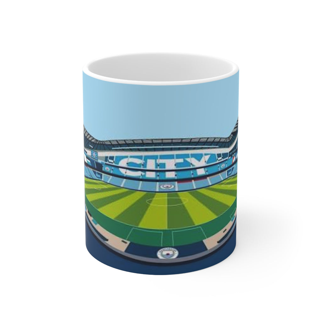 Manchester City Etihad Stadium Panorama Mug — Soccer Pitch Ceramic Coffee Cup (11oz & 15oz)