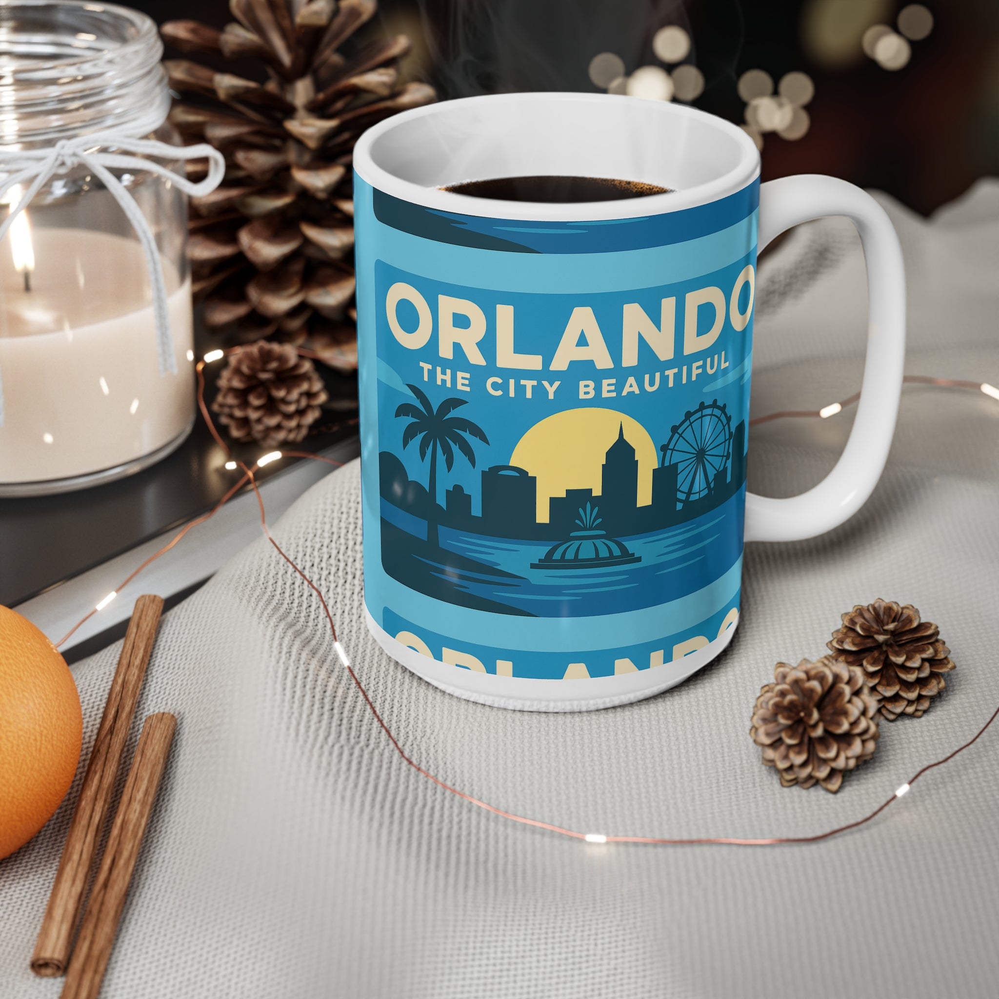 Orlando Retro Blue Skyline Mug — 'Orlando The City Beautiful' Ceramic Coffee Cup (11oz & 15oz)