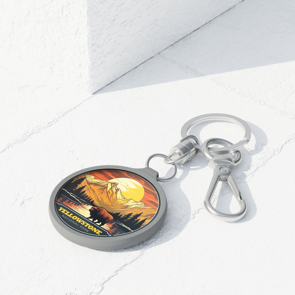 Yellowstone National Park Keyring Tag — Retro Mountain & Bison Souvenir