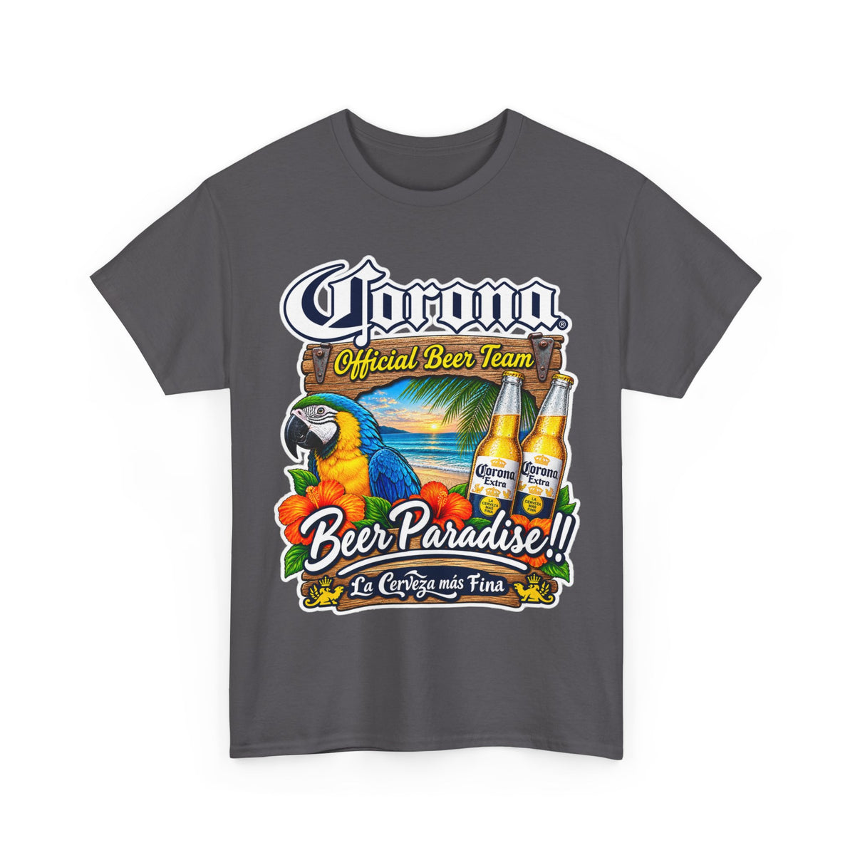 Corona Beer Paradise Tee — Tropical Parrot Beach Beer T‑Shirt