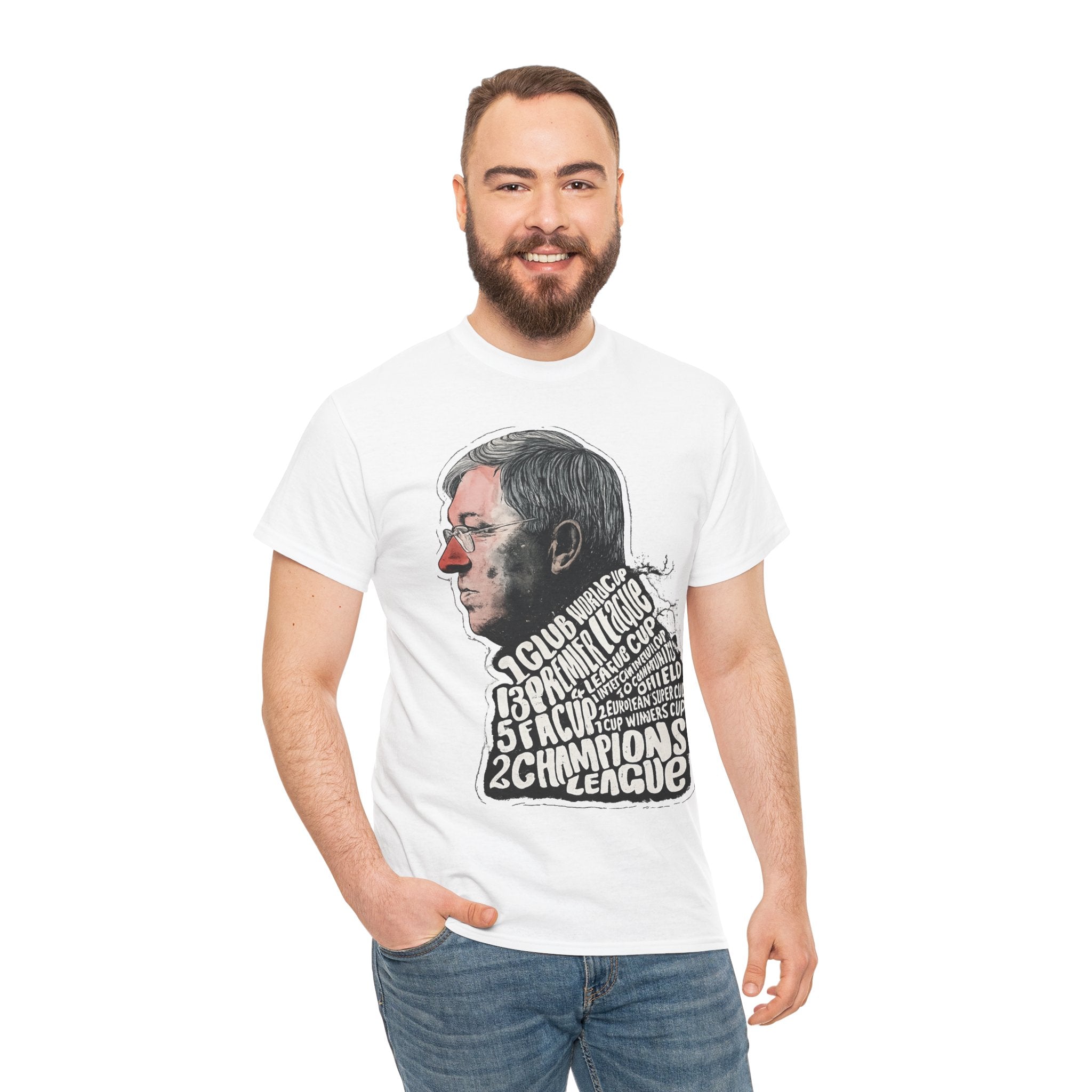 SIr Alex Ferguson Achievements Vintage Football Manager Profile Tee — Illustrated Head with Trophy Text Design