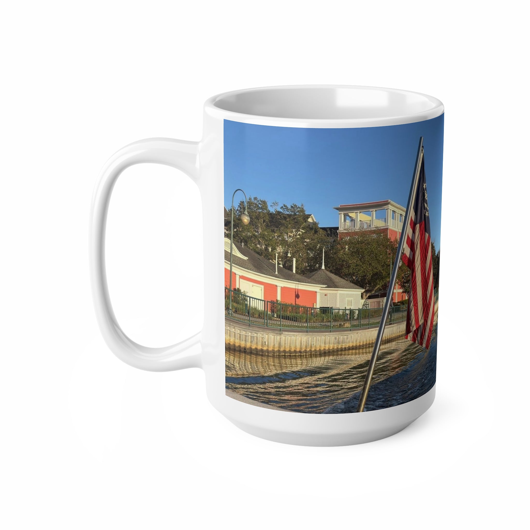 American Flag Waterfront Photo Ceramic Mug — Patriotic 11oz & 15oz Coffee Cup