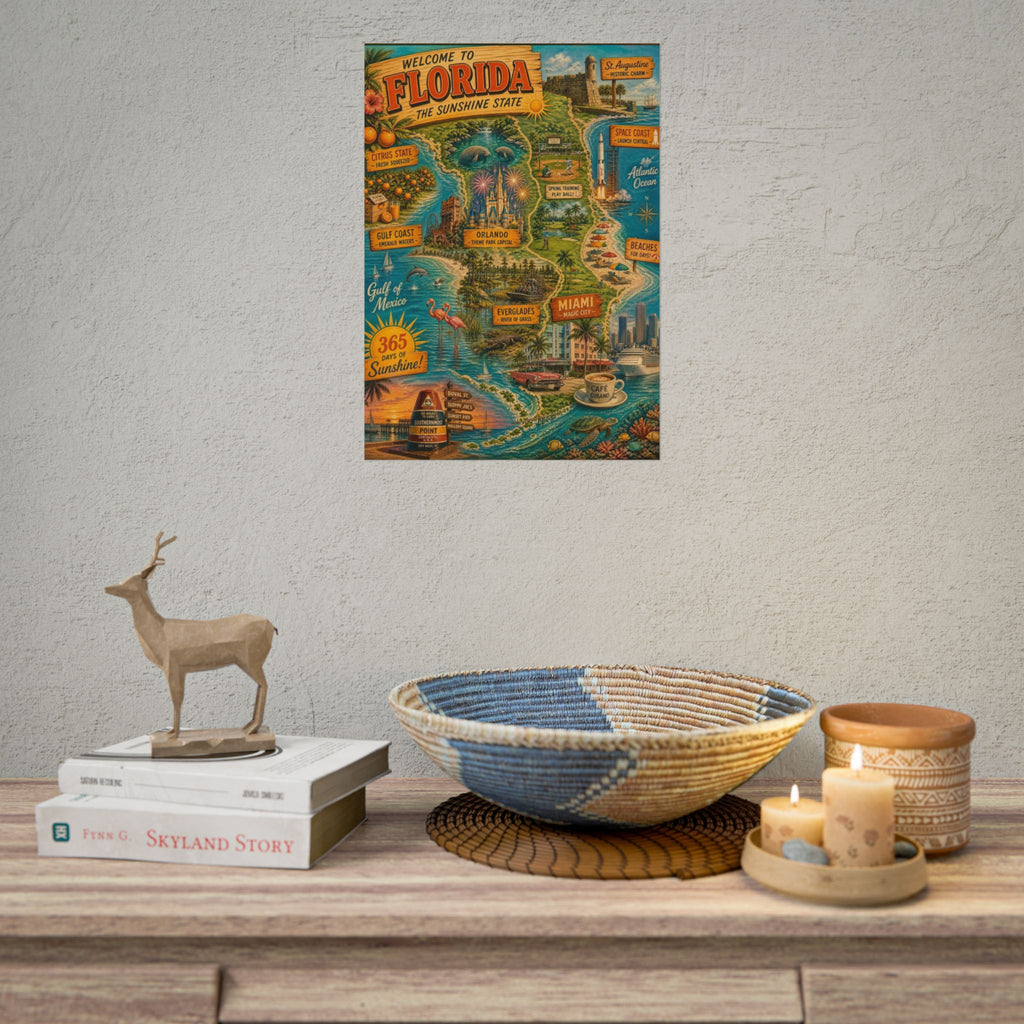 Florida Vintage Travel Poster - Rolled Poster (Welcome to Florida Map & Landmarks)