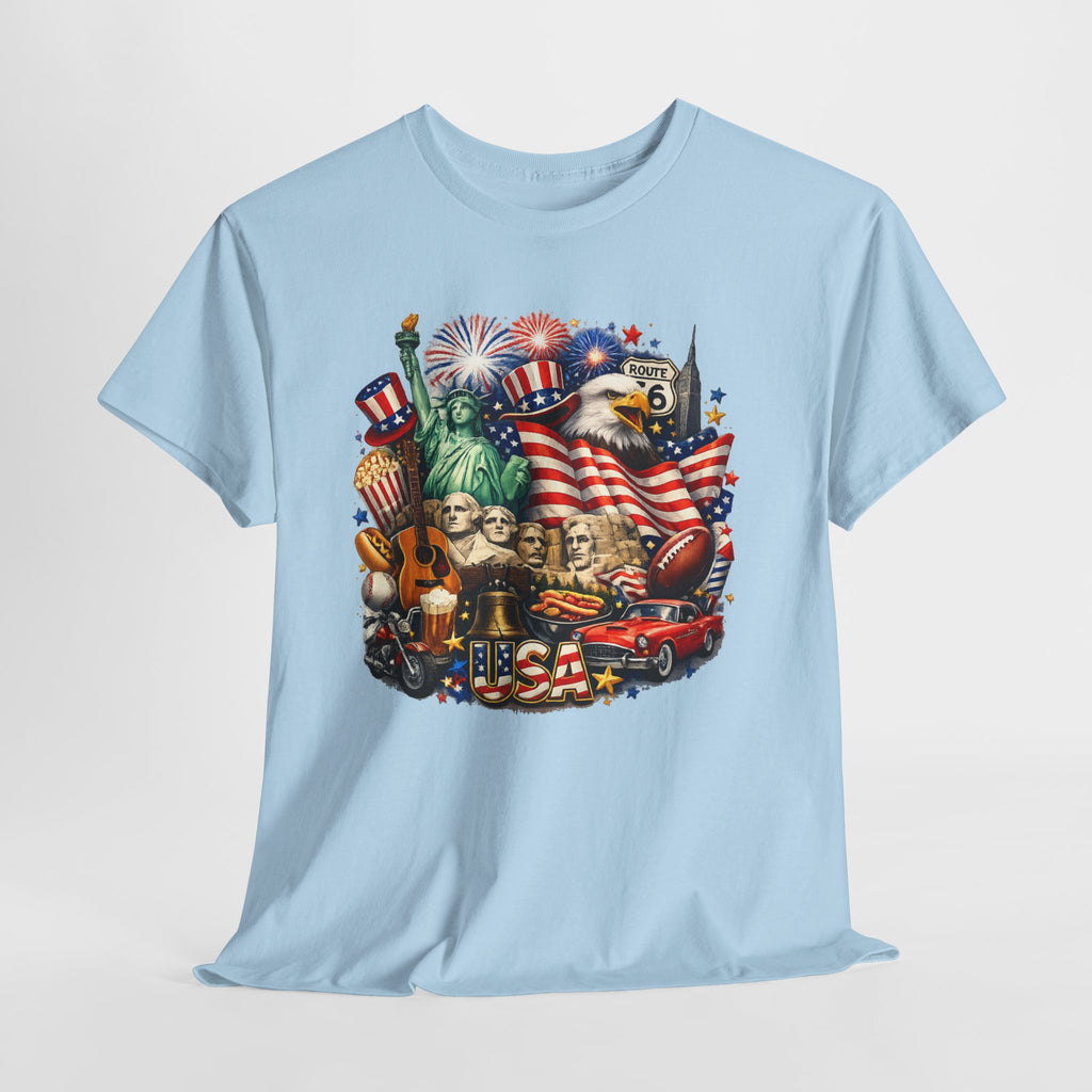Patriotic USA Graphic Tee – American Flag, Statue of Liberty & Fireworks T-Shirt