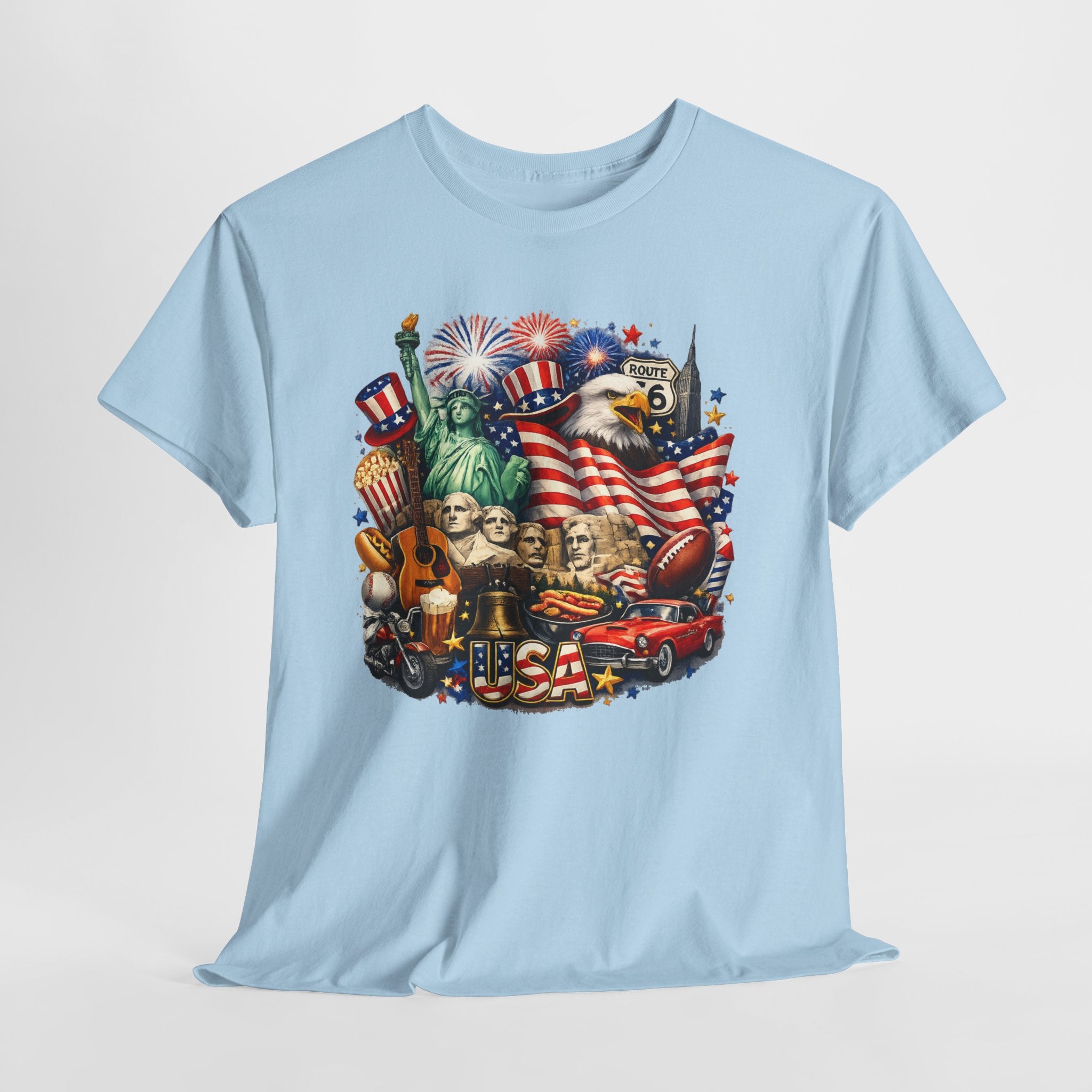 Patriotic USA Graphic Tee – American Flag, Statue of Liberty & Fireworks T-Shirt