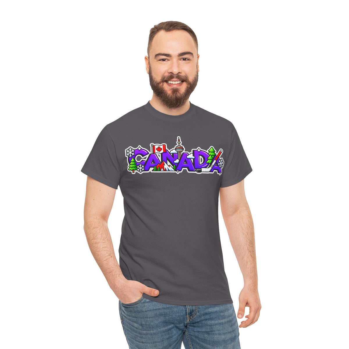 Canada Cartoon Graphic Tee — Canadian Landmark & Flag Travel T‑Shirt
