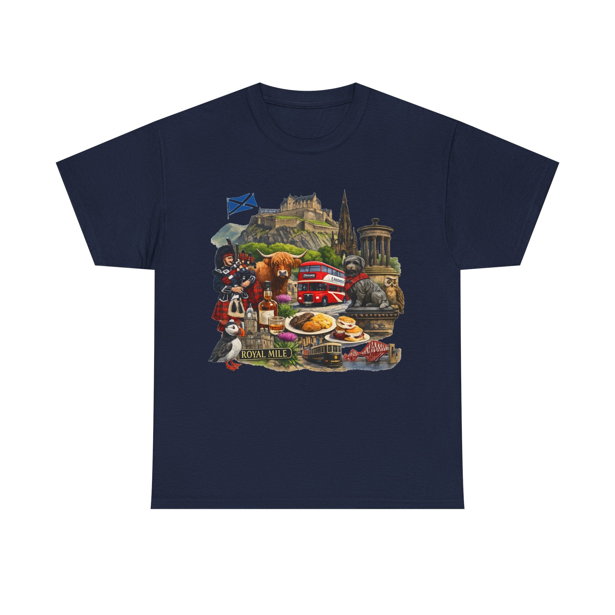 Scotland / Edinburgh Travel Collage T-Shirt — Edinburgh Castle, Bagpipes & Local Icons